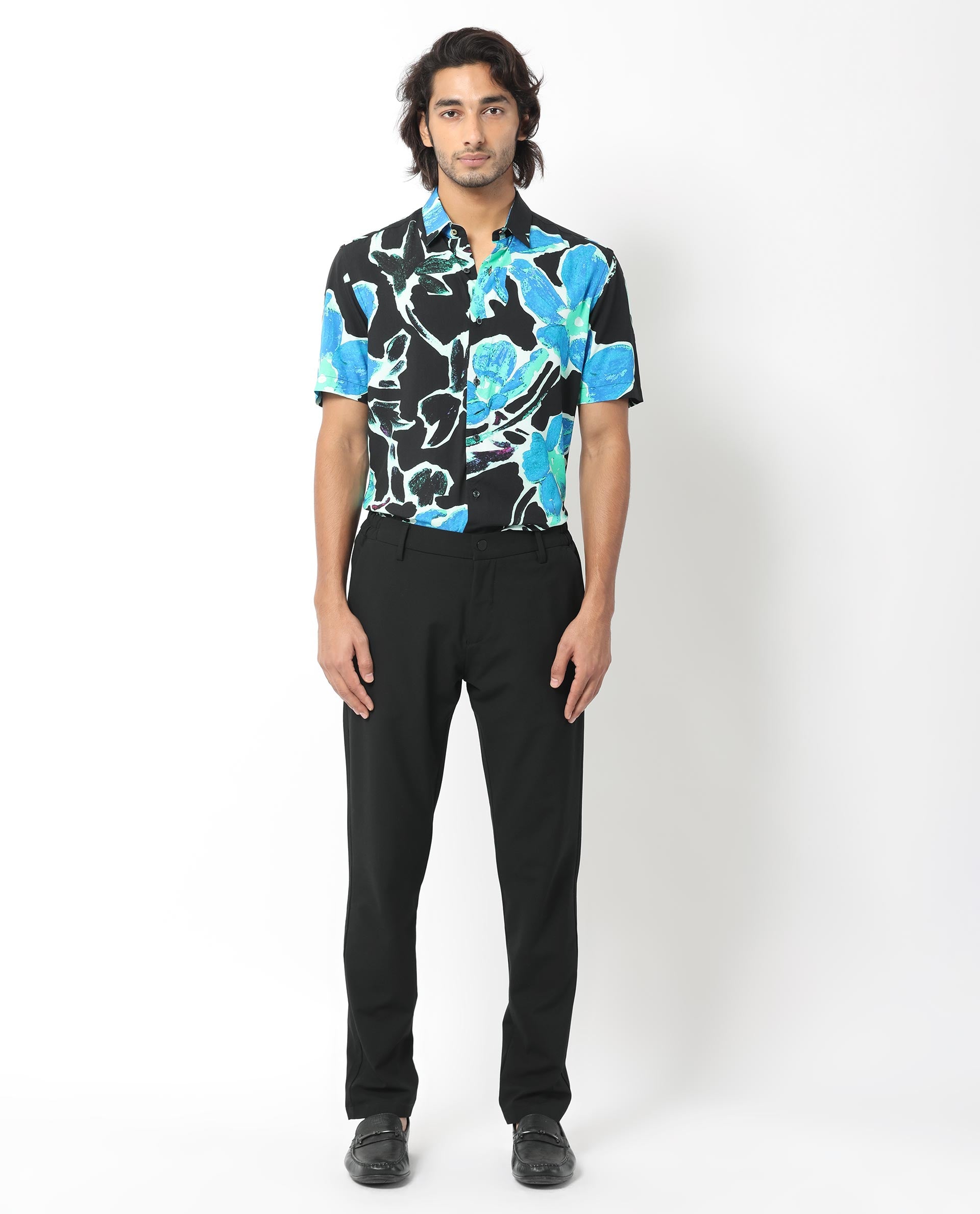 Rare Rabbit Men's Agata Navy Viscose Fabric Floral Print Half Sleeves Shirt