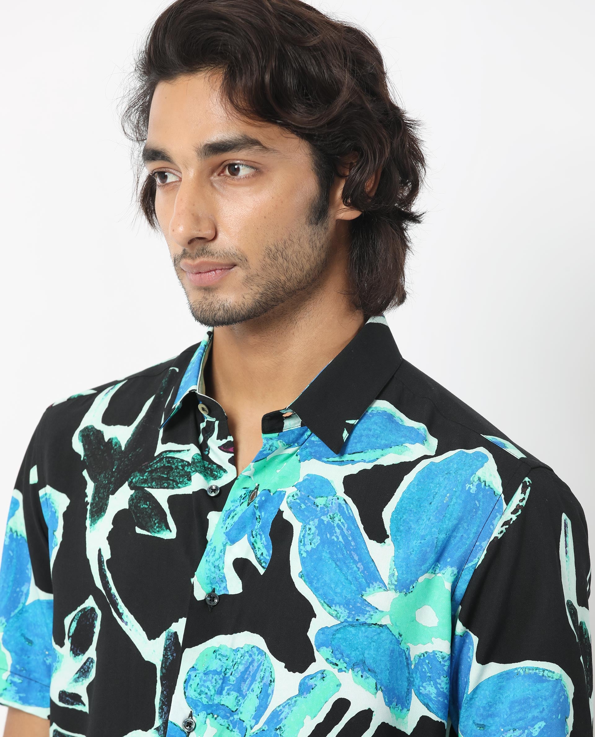 Rare Rabbit Men's Agata Navy Viscose Fabric Floral Print Half Sleeves Shirt