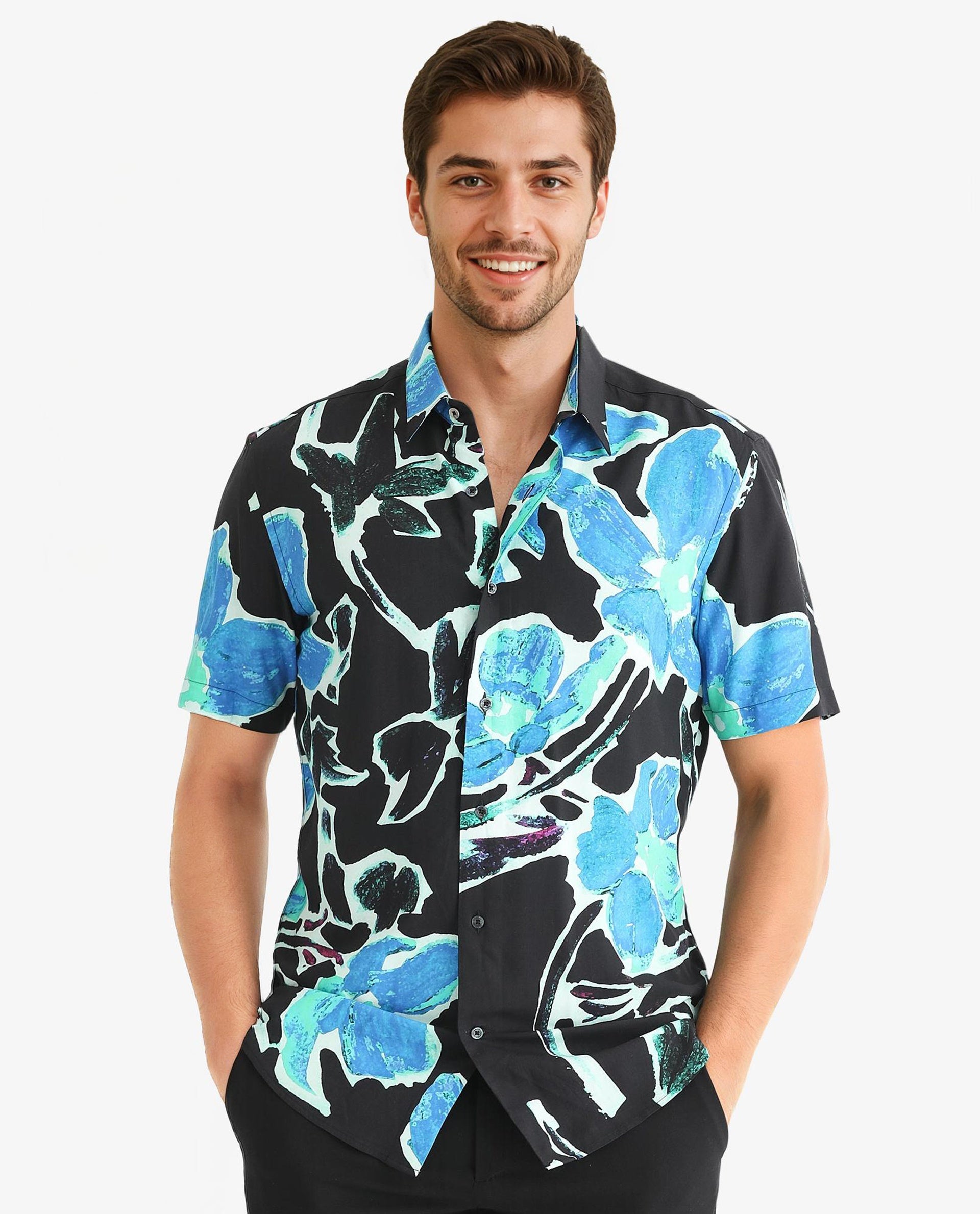 Rare Rabbit Men's Agata Navy Viscose Fabric Floral Print Half Sleeves Shirt