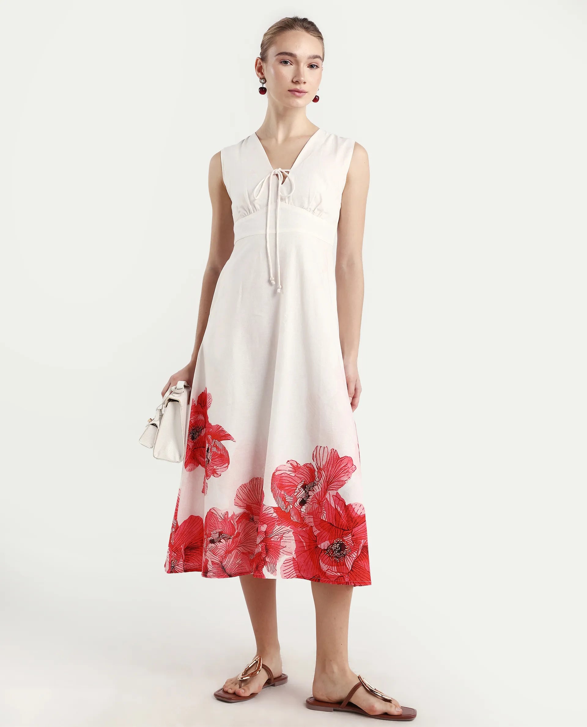 Rareism Women's Ago Off White Viscose Blend Sleeveless Fit And Flare Floral Print Dress