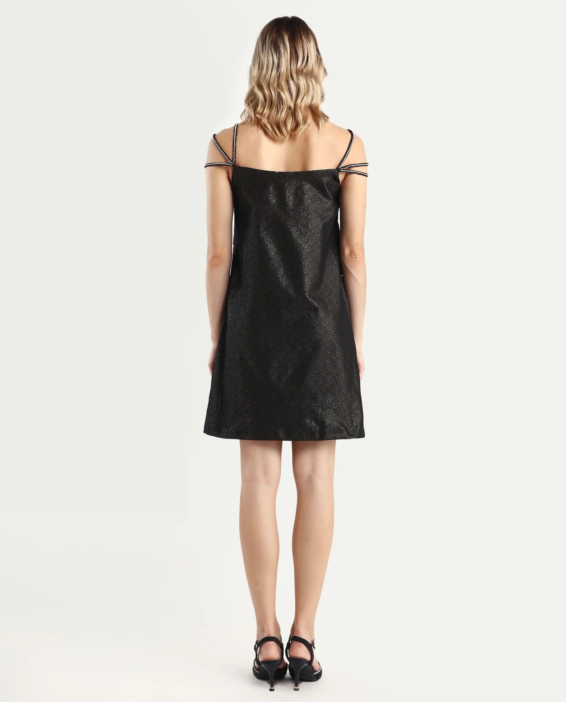 Rareism Women's Agri Black Polyester Shoulder Strap Jacquard Sleeveless Mini Regular Fit Dress