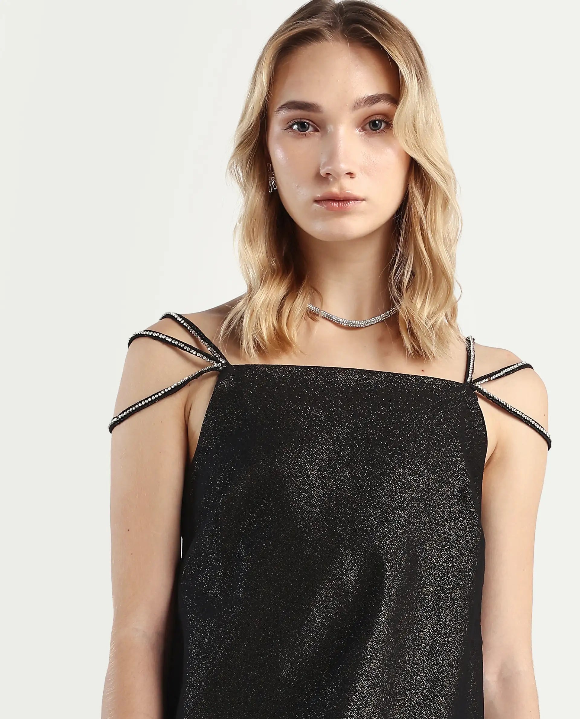 Rareism Women's Agri Black Polyester Shoulder Strap Jacquard Sleeveless Mini Regular Fit Dress