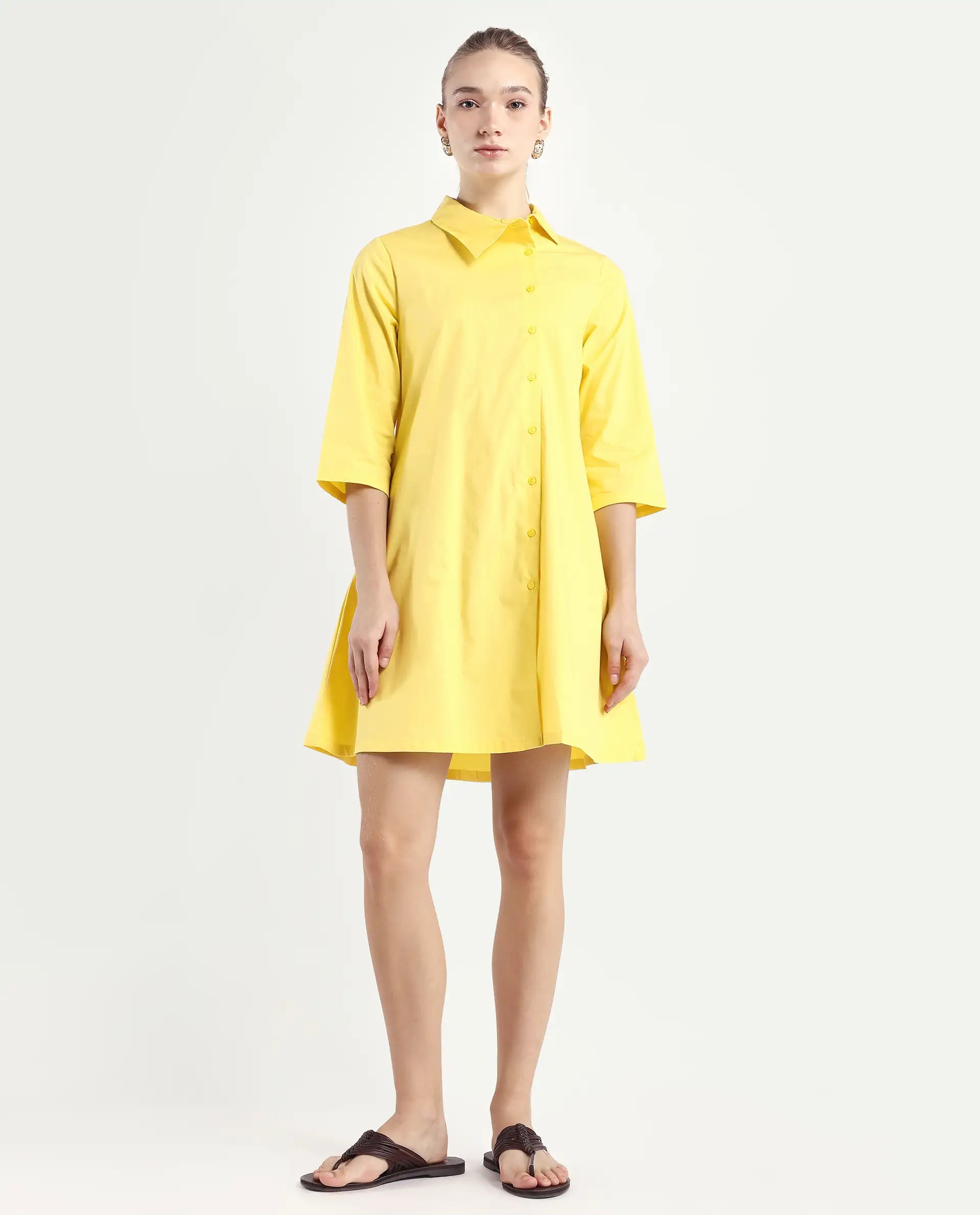 Rareism Women's Ahho Yellow Cotton Asymmetric Neck Plain Mini A-Line Dress