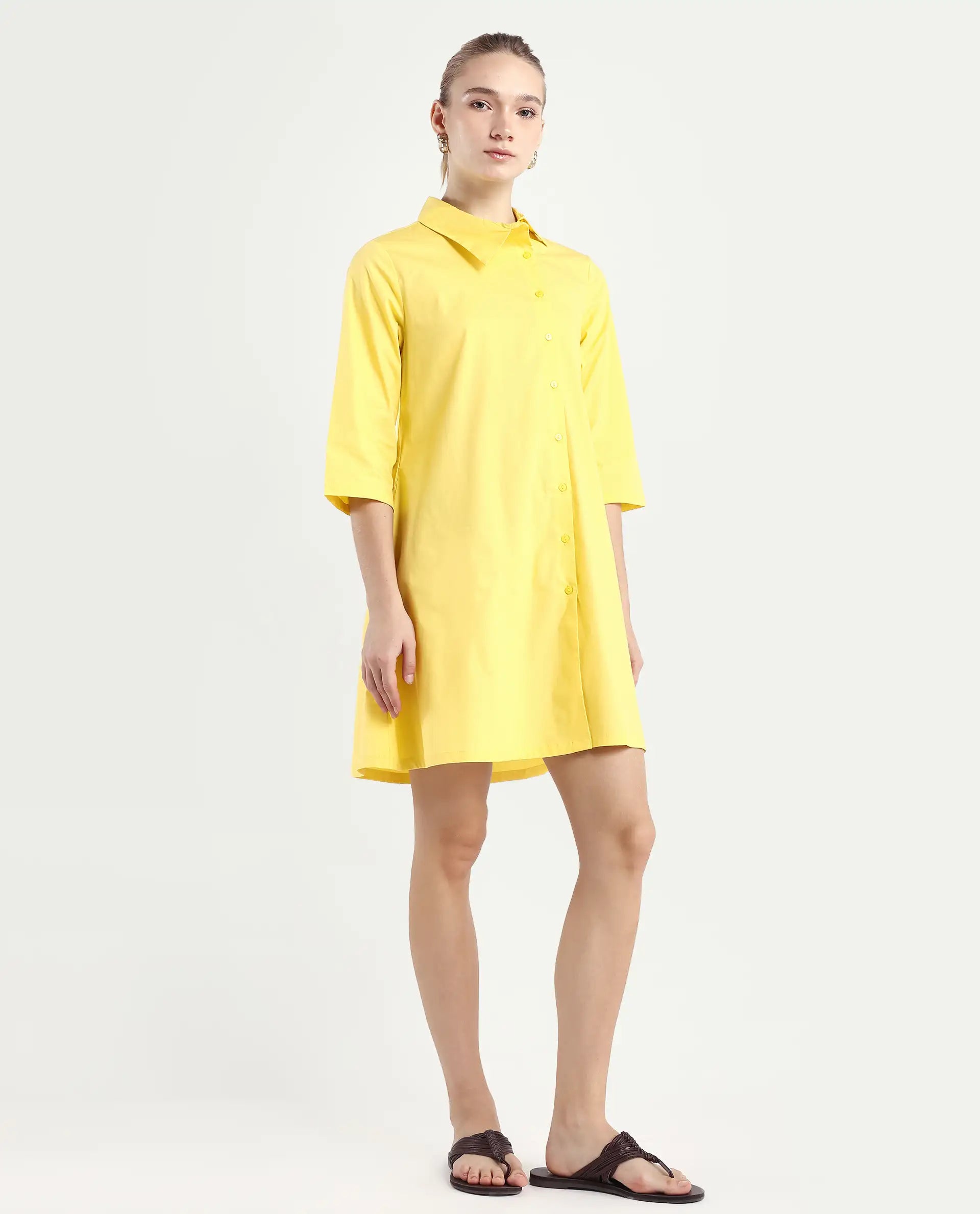 Rareism Women's Ahho Yellow Cotton Asymmetric Neck Plain Mini A-Line Dress