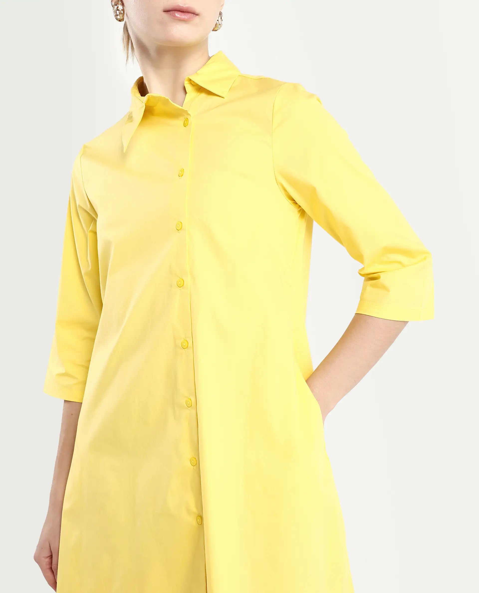 Rareism Women's Ahho Yellow Cotton Asymmetric Neck Plain Mini A-Line Dress