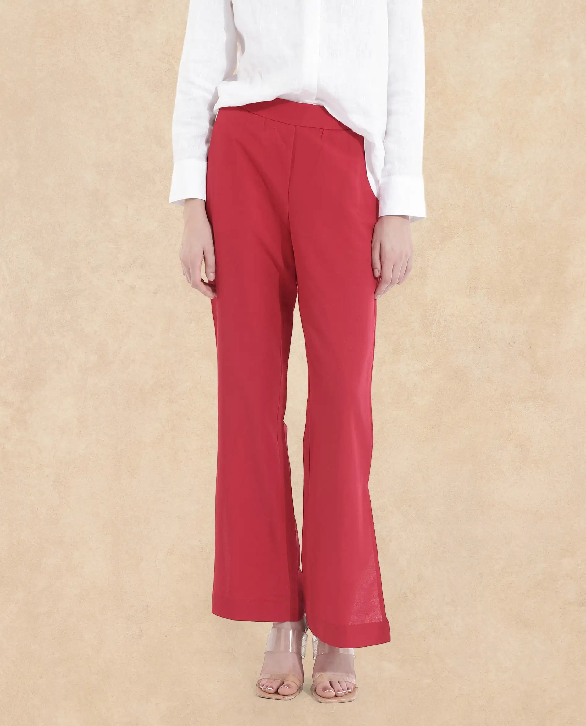 Rareism Women Ahome Dark Red Wide Plain Ankle Length Trouser