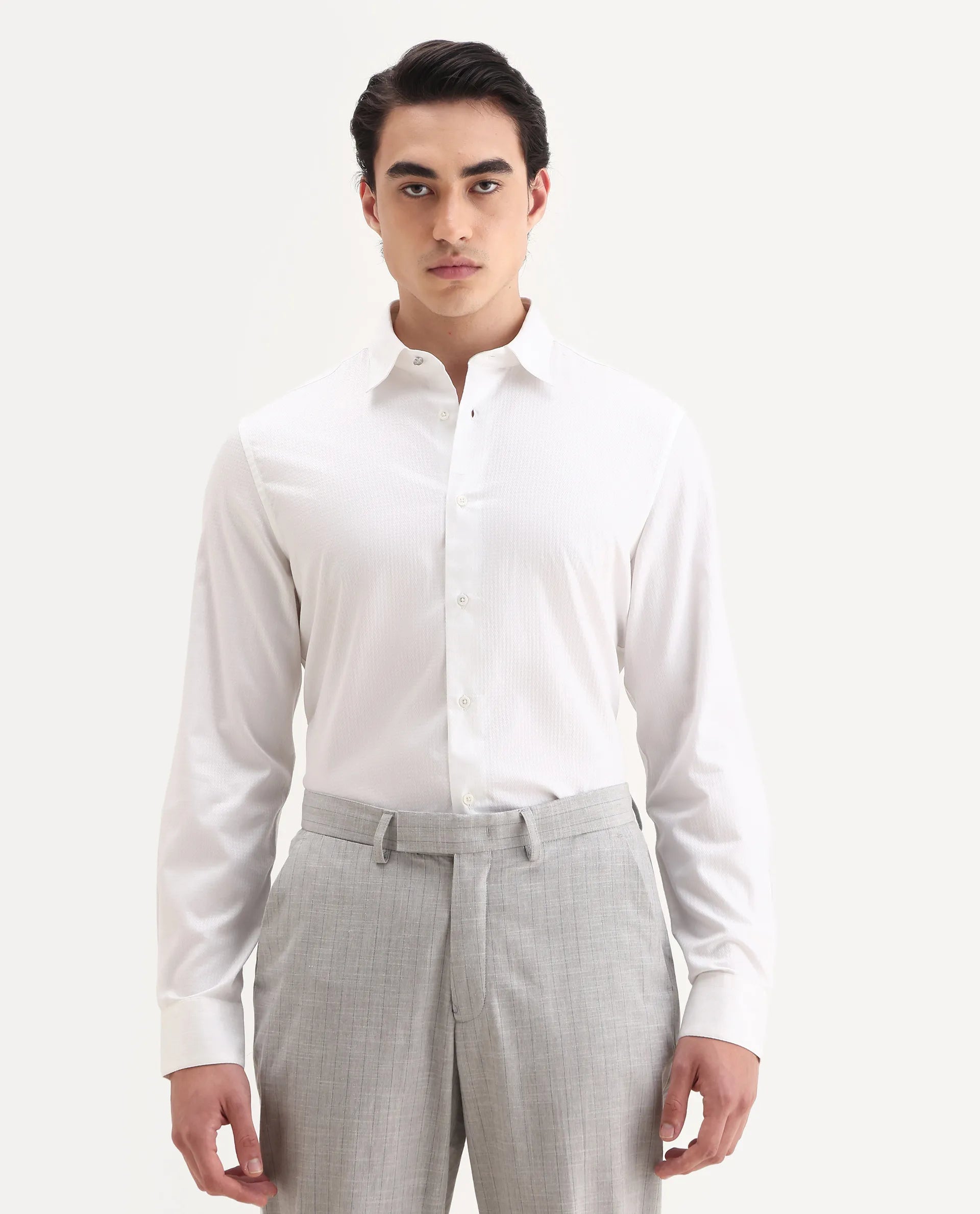 Rare Rabbit Men's Aida White Cotton Fabric Collared Neck Regular Fit Textured Shirt