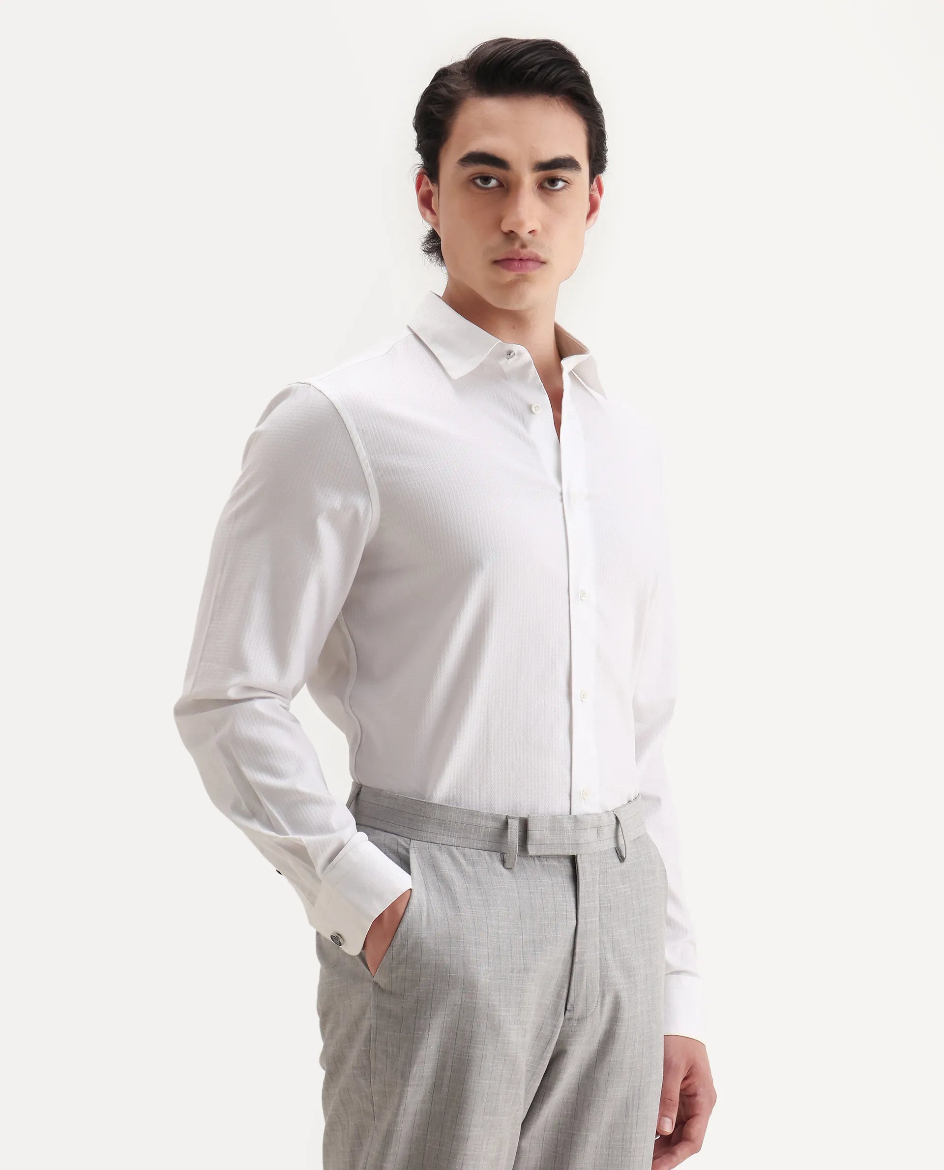 Rare Rabbit Men's Aida White Cotton Fabric Collared Neck Regular Fit Textured Shirt