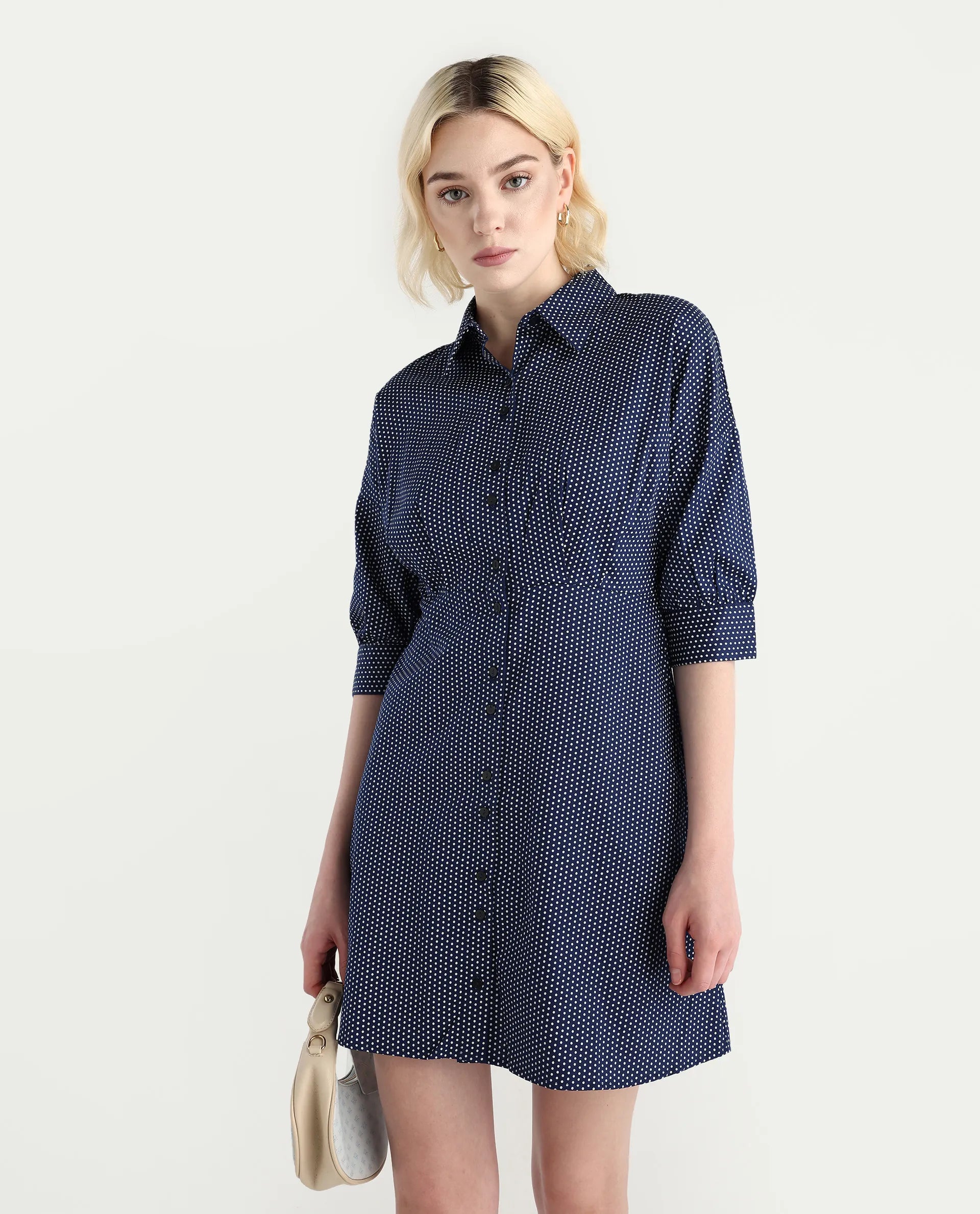 Rareism Women's Aiday Dark Drop Collar Polka Print Cuffed Sleeve Mini Regular Fit Dress