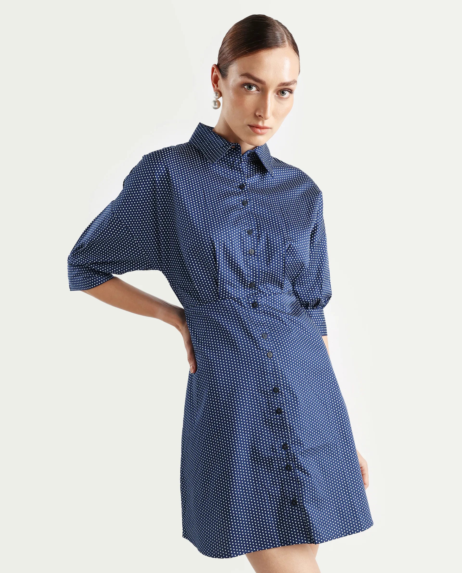 Rareism Women's Aiday Dark Drop Collar Polka Print Cuffed Sleeve Mini Regular Fit Dress