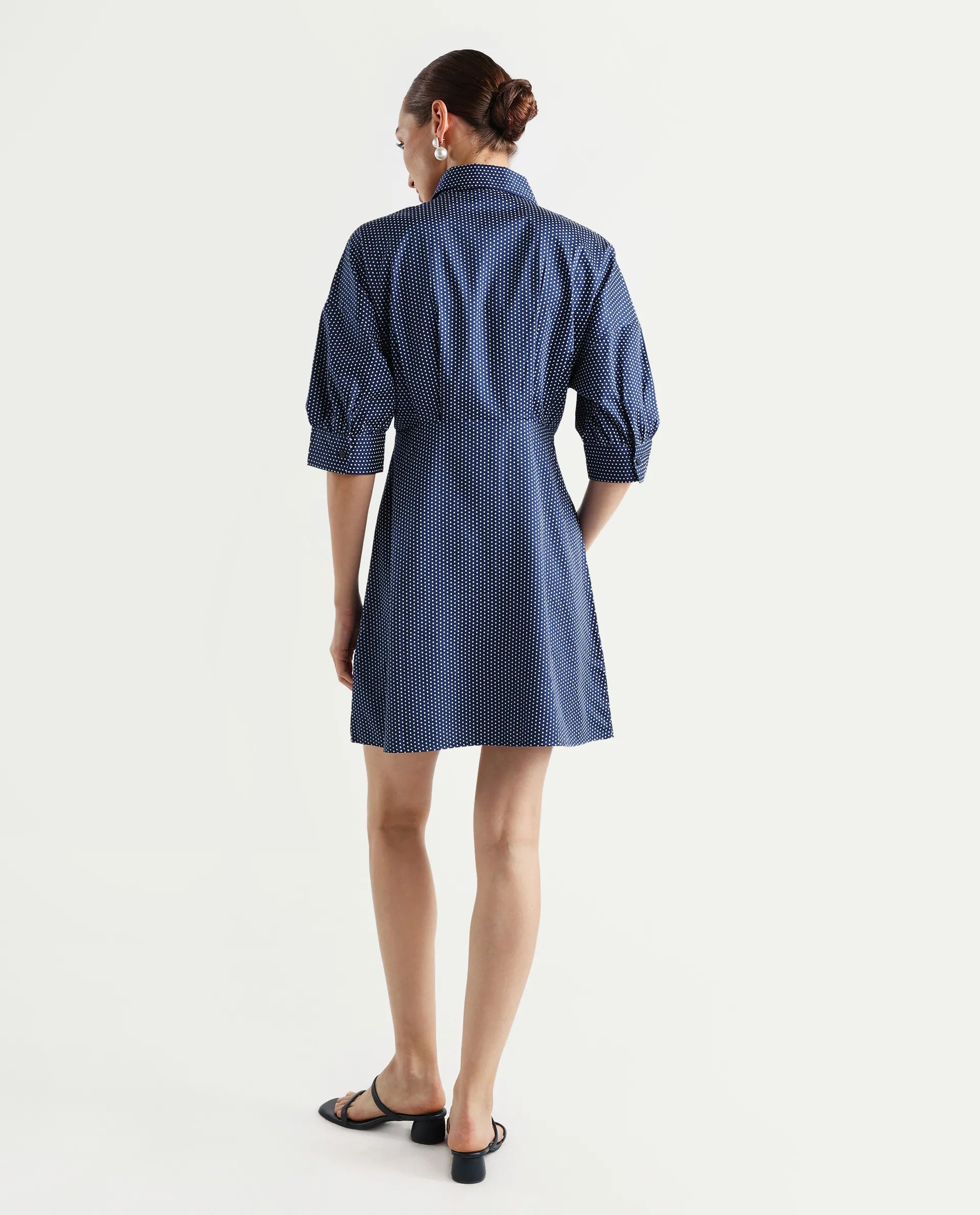 Rareism Women's Aiday Dark Drop Collar Polka Print Cuffed Sleeve Mini Regular Fit Dress