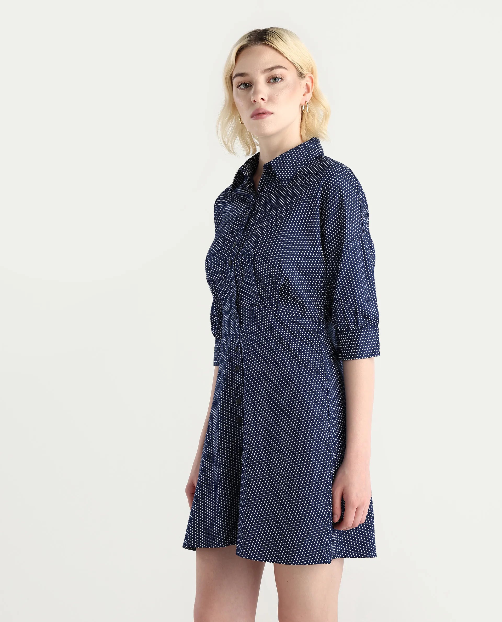 Rareism Women's Aiday Dark Drop Collar Polka Print Cuffed Sleeve Mini Regular Fit Dress