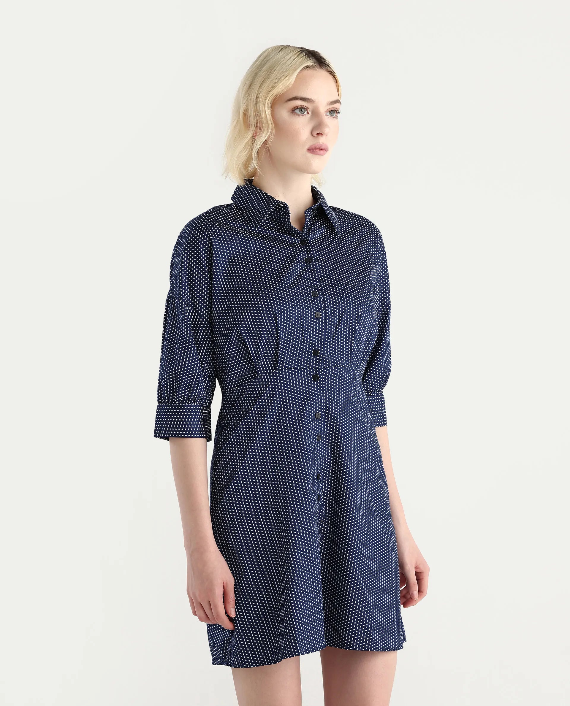 Rareism Women's Aiday Dark Drop Collar Polka Print Cuffed Sleeve Mini Regular Fit Dress