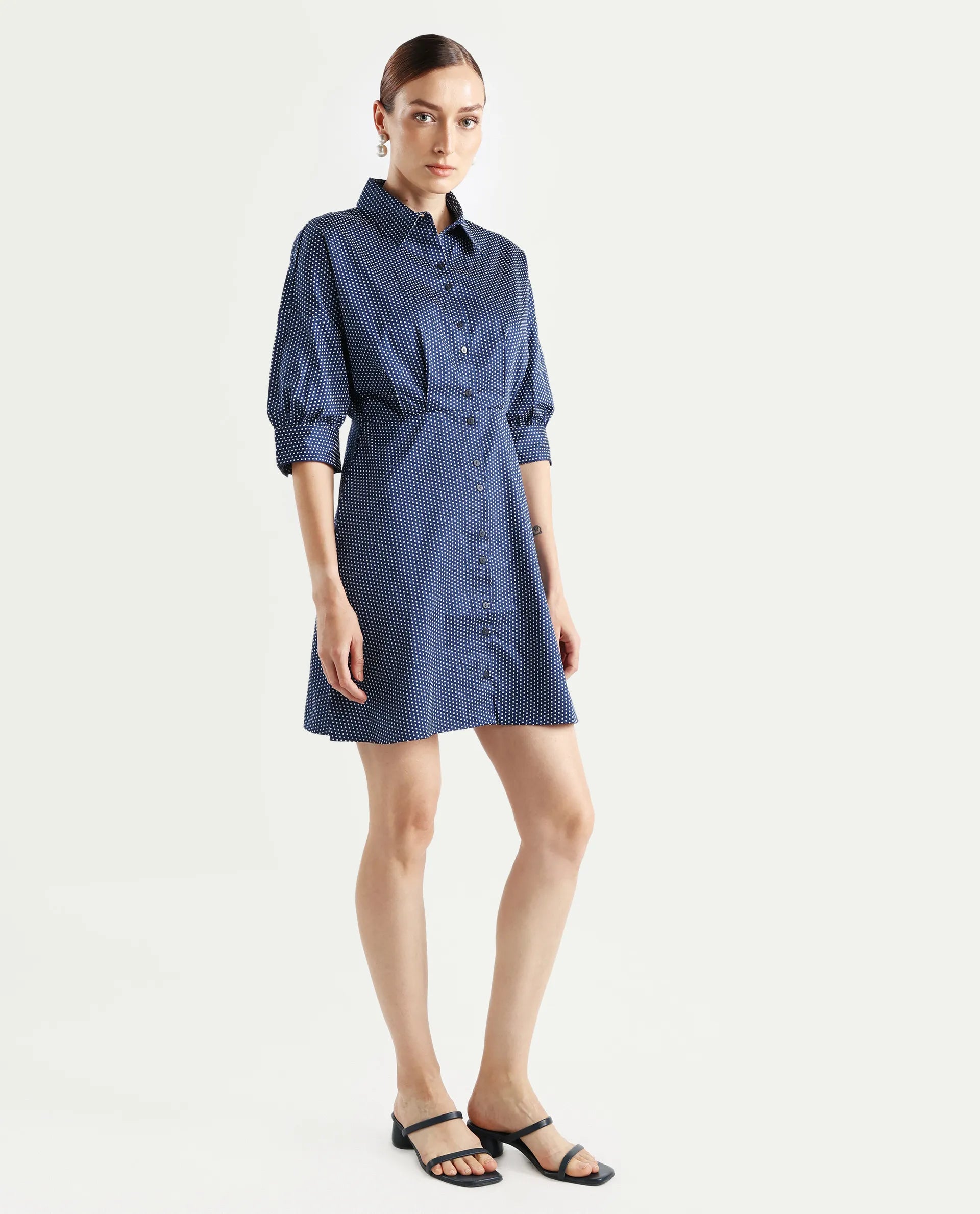 Rareism Women's Aiday Dark Drop Collar Polka Print Cuffed Sleeve Mini Regular Fit Dress