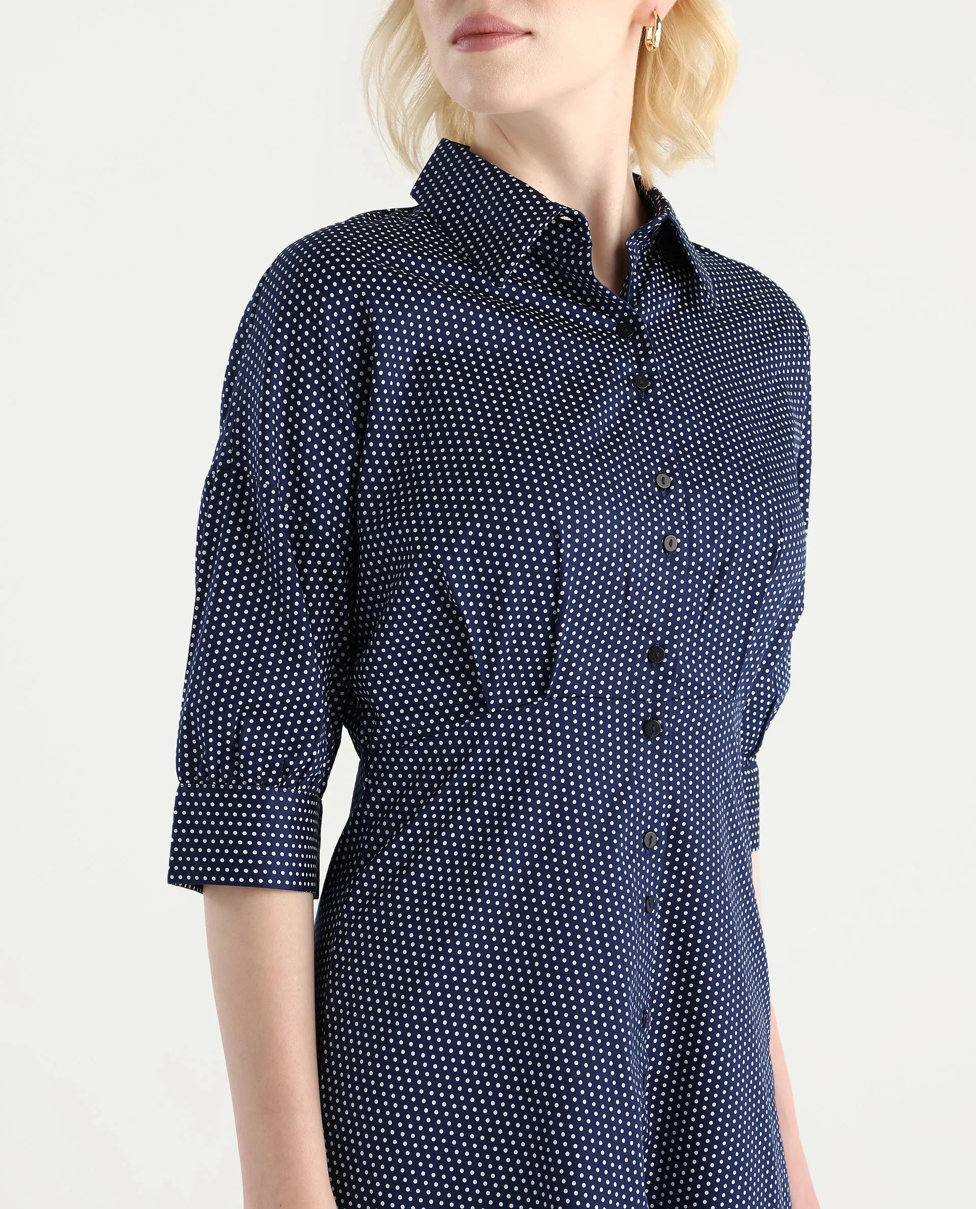 Rareism Women's Aiday Dark Drop Collar Polka Print Cuffed Sleeve Mini Regular Fit Dress