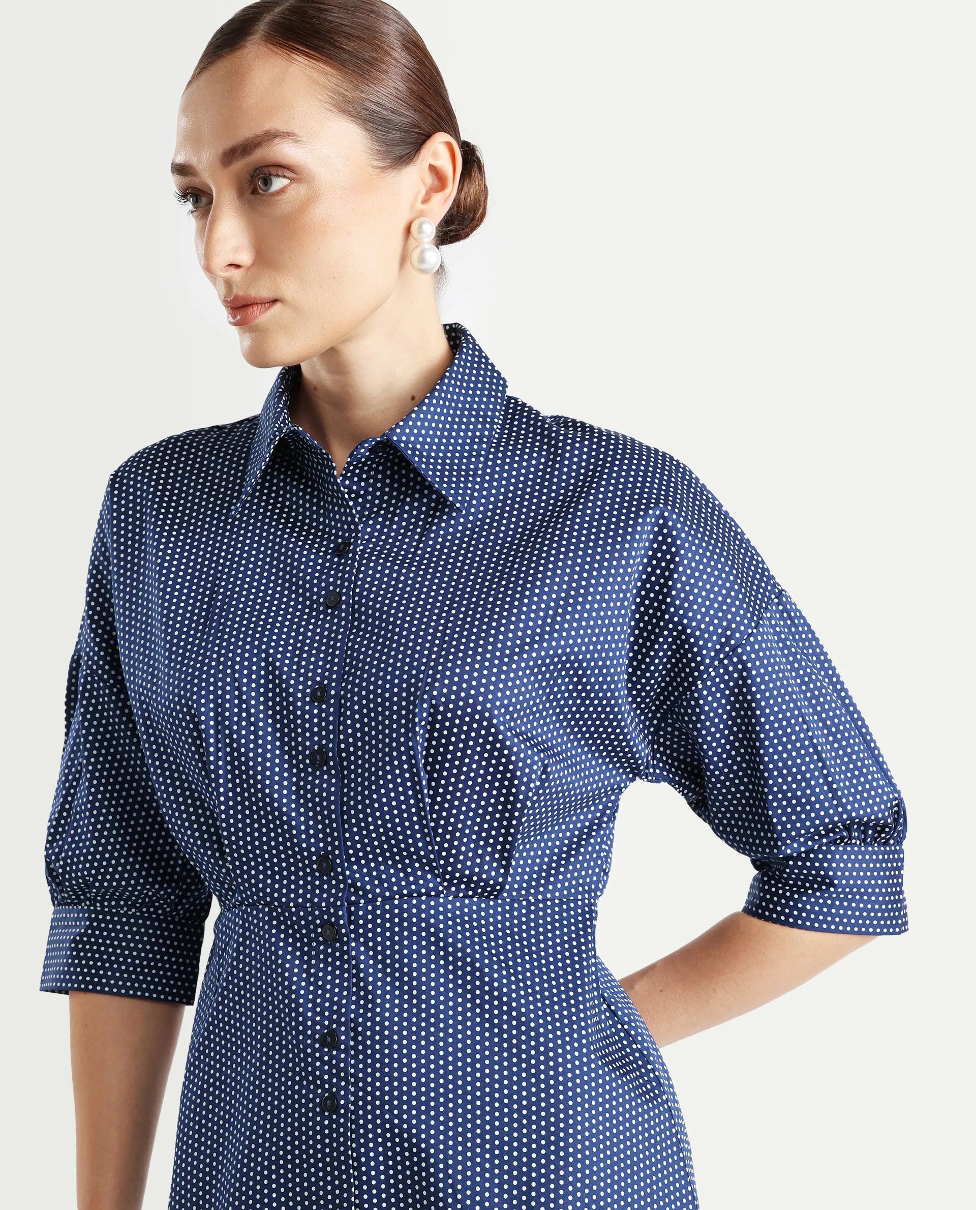 Rareism Women's Aiday Dark Drop Collar Polka Print Cuffed Sleeve Mini Regular Fit Dress