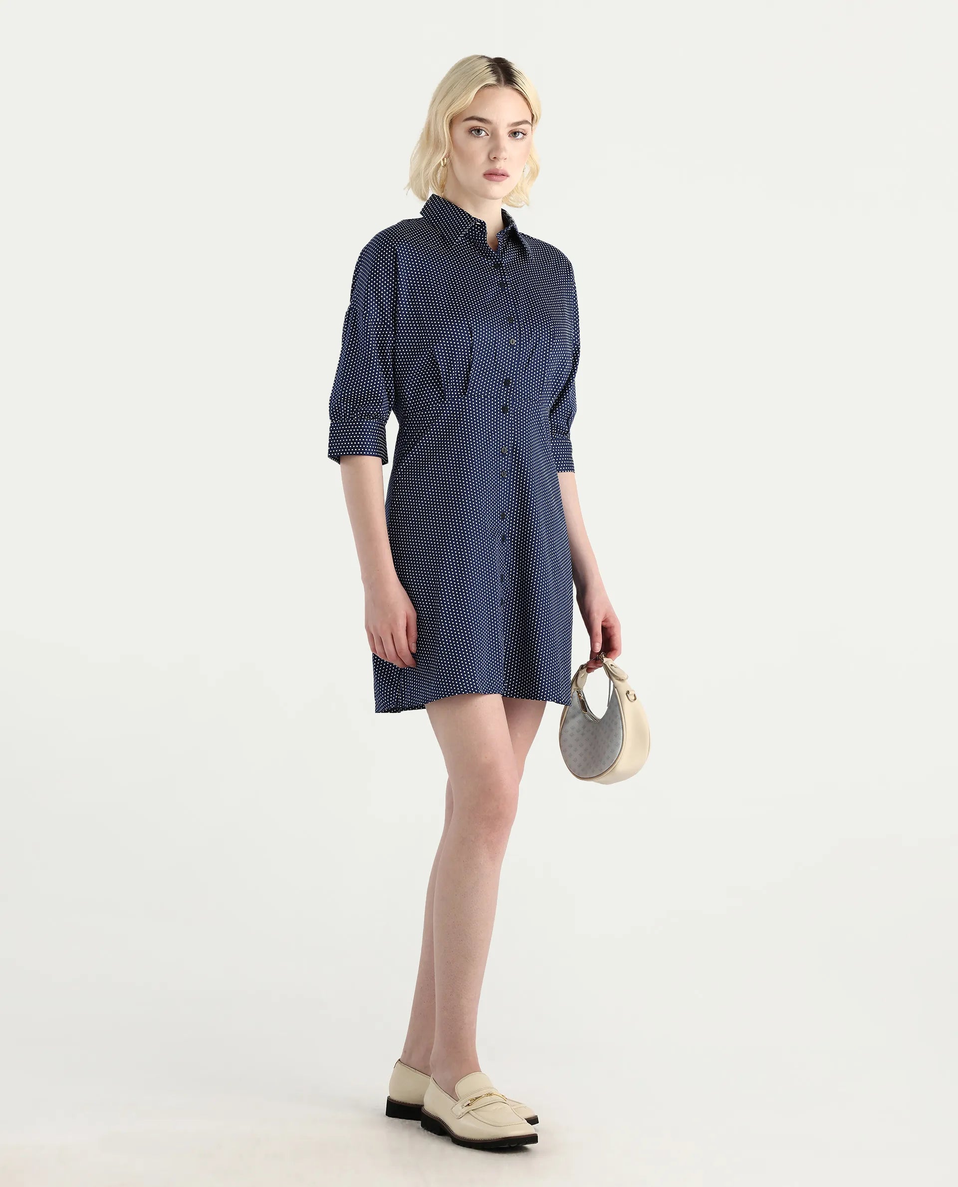 Rareism Women's Aiday Dark Drop Collar Polka Print Cuffed Sleeve Mini Regular Fit Dress