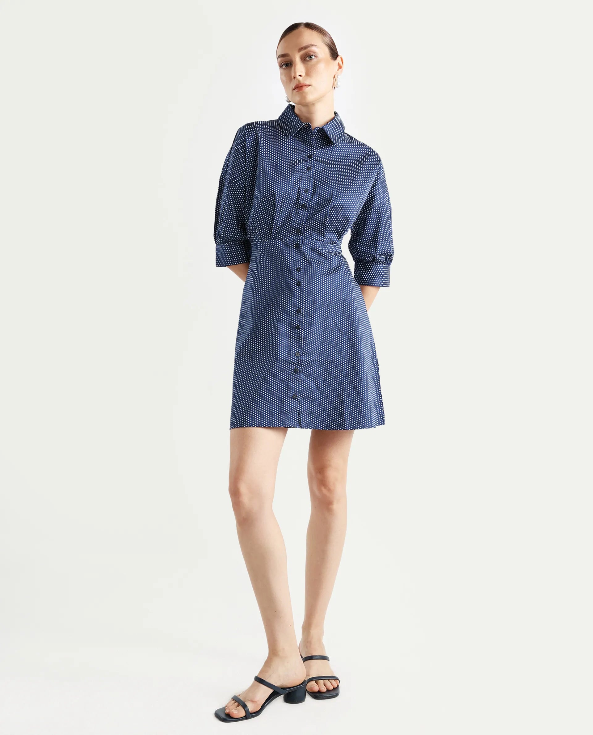 Rareism Women's Aiday Dark Drop Collar Polka Print Cuffed Sleeve Mini Regular Fit Dress