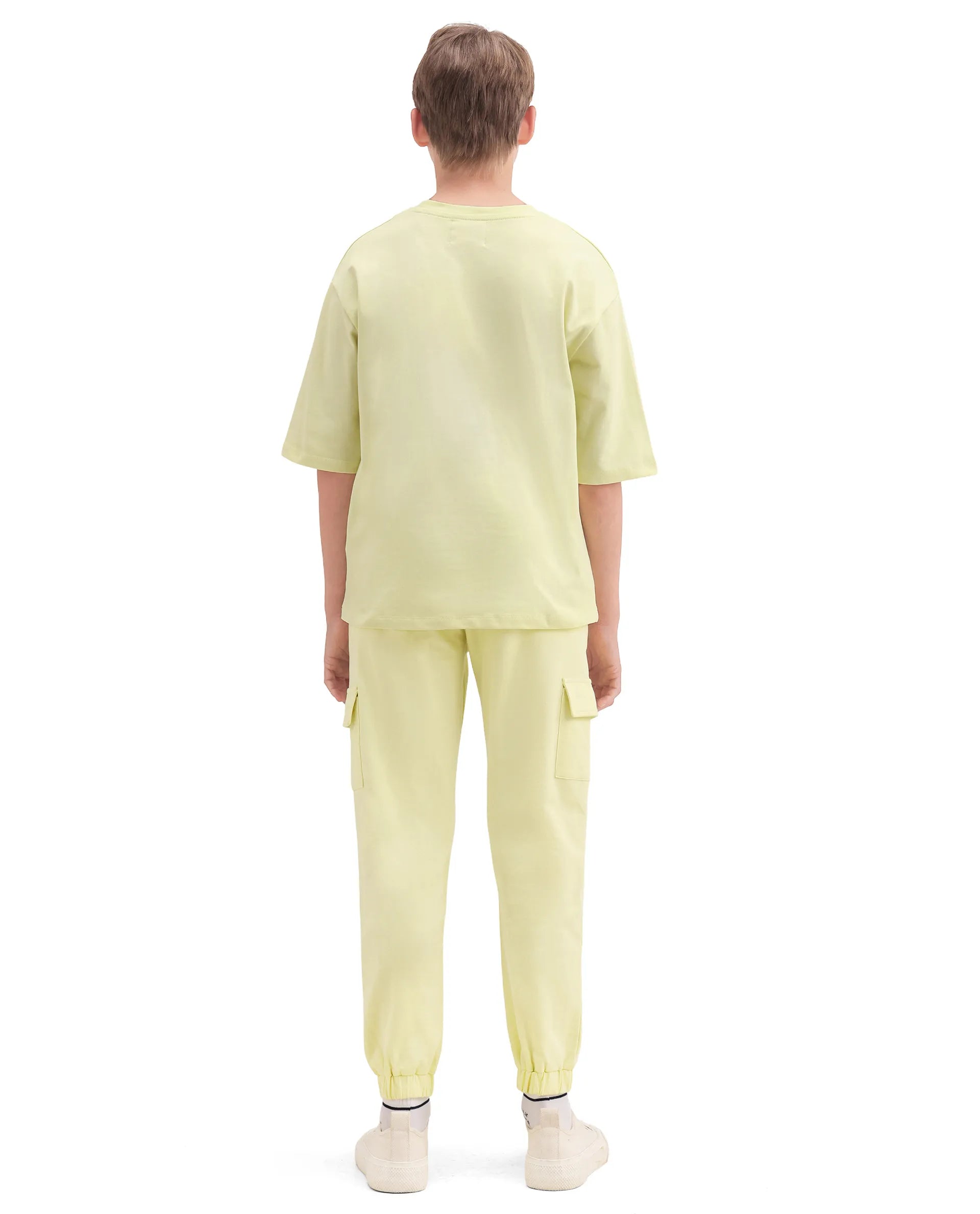 Rare Ones Kids Aiden Light Yellow Cotton Fabric Drawstring Closure Embossed Cargo Fit Track Pant
