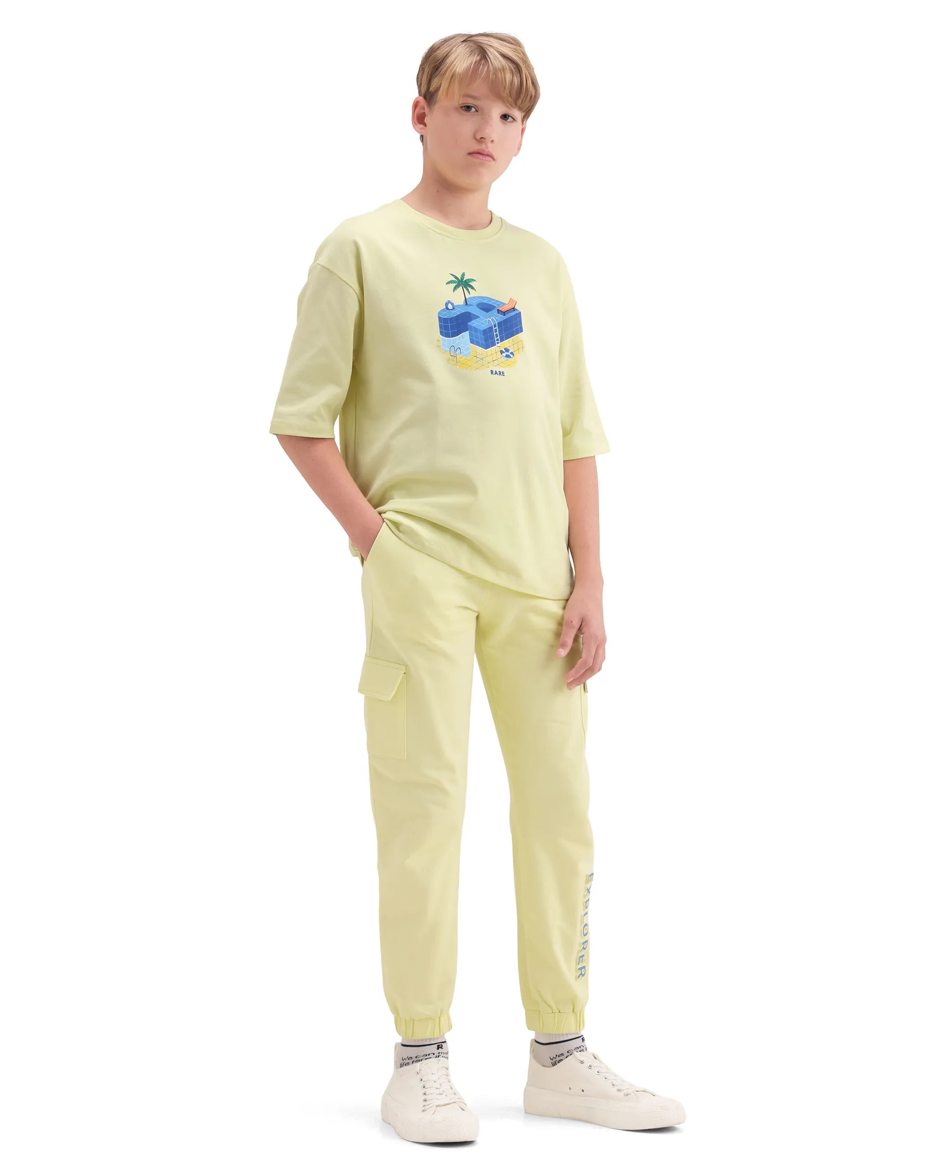 Rare Ones Kids Aiden Light Yellow Cotton Fabric Drawstring Closure Embossed Cargo Fit Track Pant