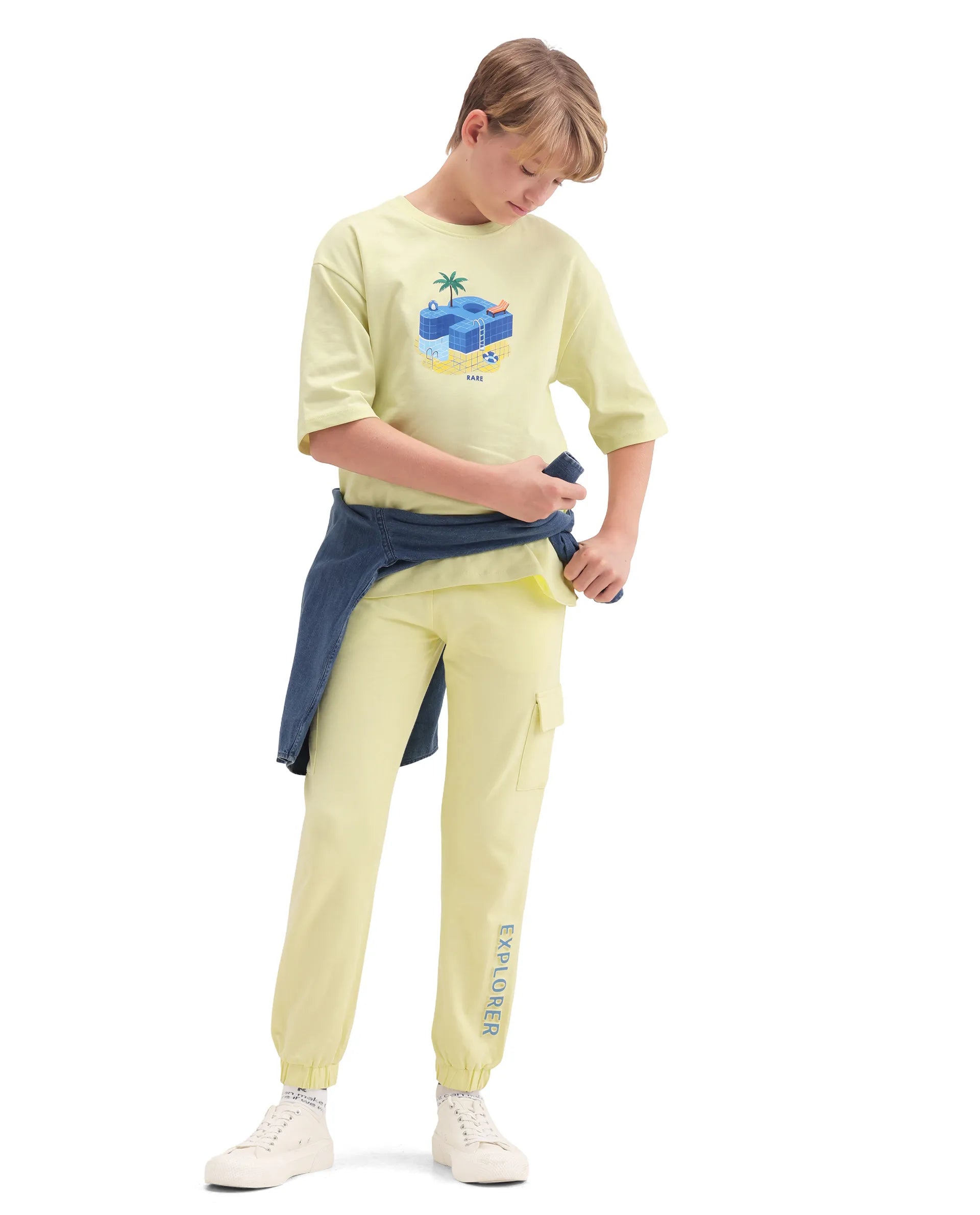 Rare Ones Kids Aiden Light Yellow Cotton Fabric Drawstring Closure Embossed Cargo Fit Track Pant