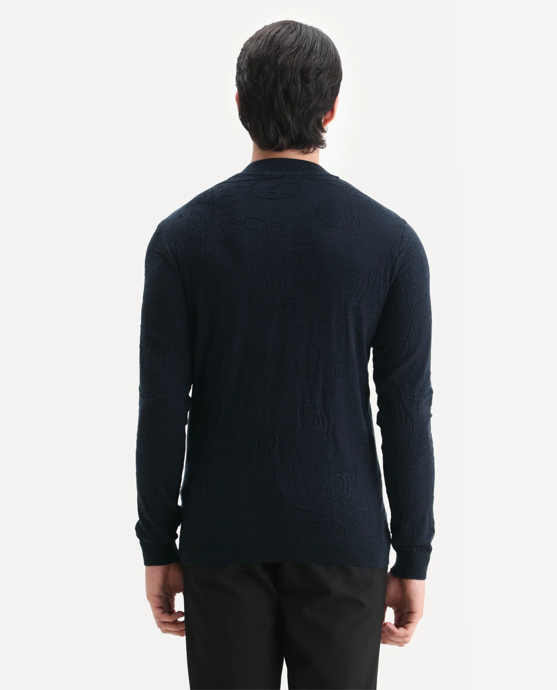 Rare Rabbit Men's Aiden Navy Viscose Jacquard Regular Fit Full Sleeve High Neck Sweater