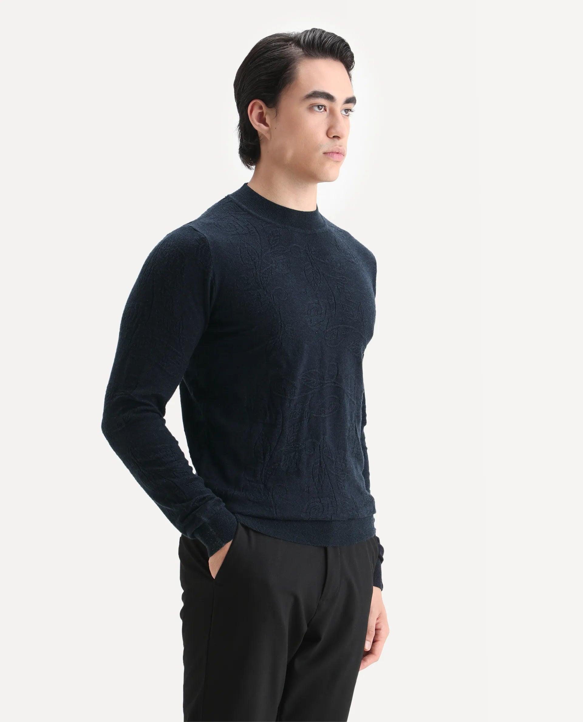 Rare Rabbit Men's Aiden Navy Viscose Jacquard Regular Fit Full Sleeve High Neck Sweater