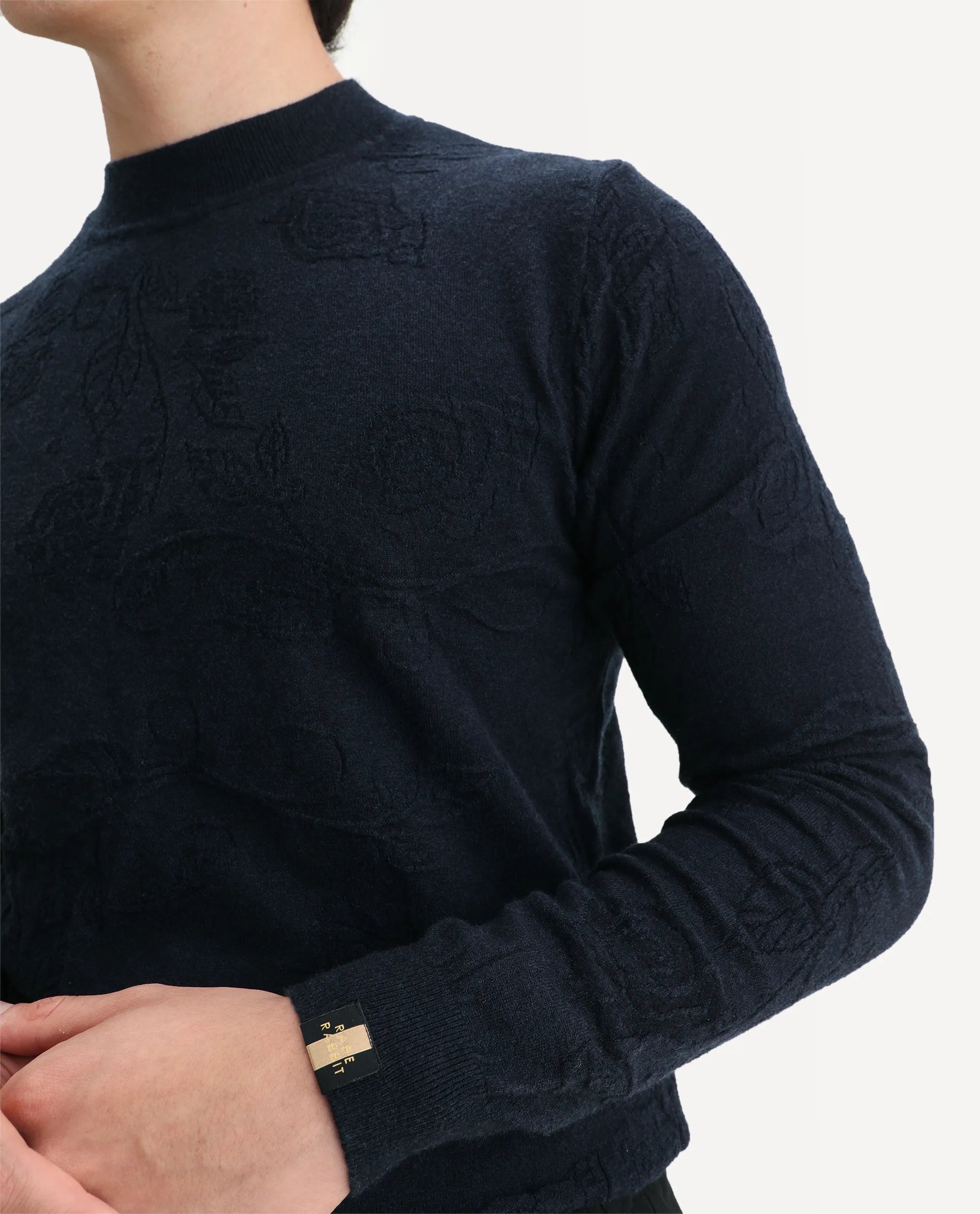 Rare Rabbit Men's Aiden Navy Viscose Jacquard Regular Fit Full Sleeve High Neck Sweater