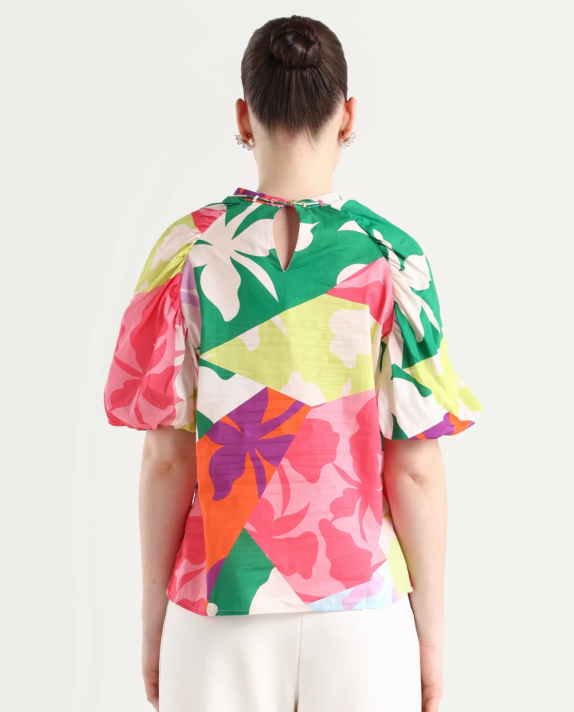 Rareism Women's Aili Multi Cotton Band Collar Floral Print Balloon Sleeve Regular Fit Top