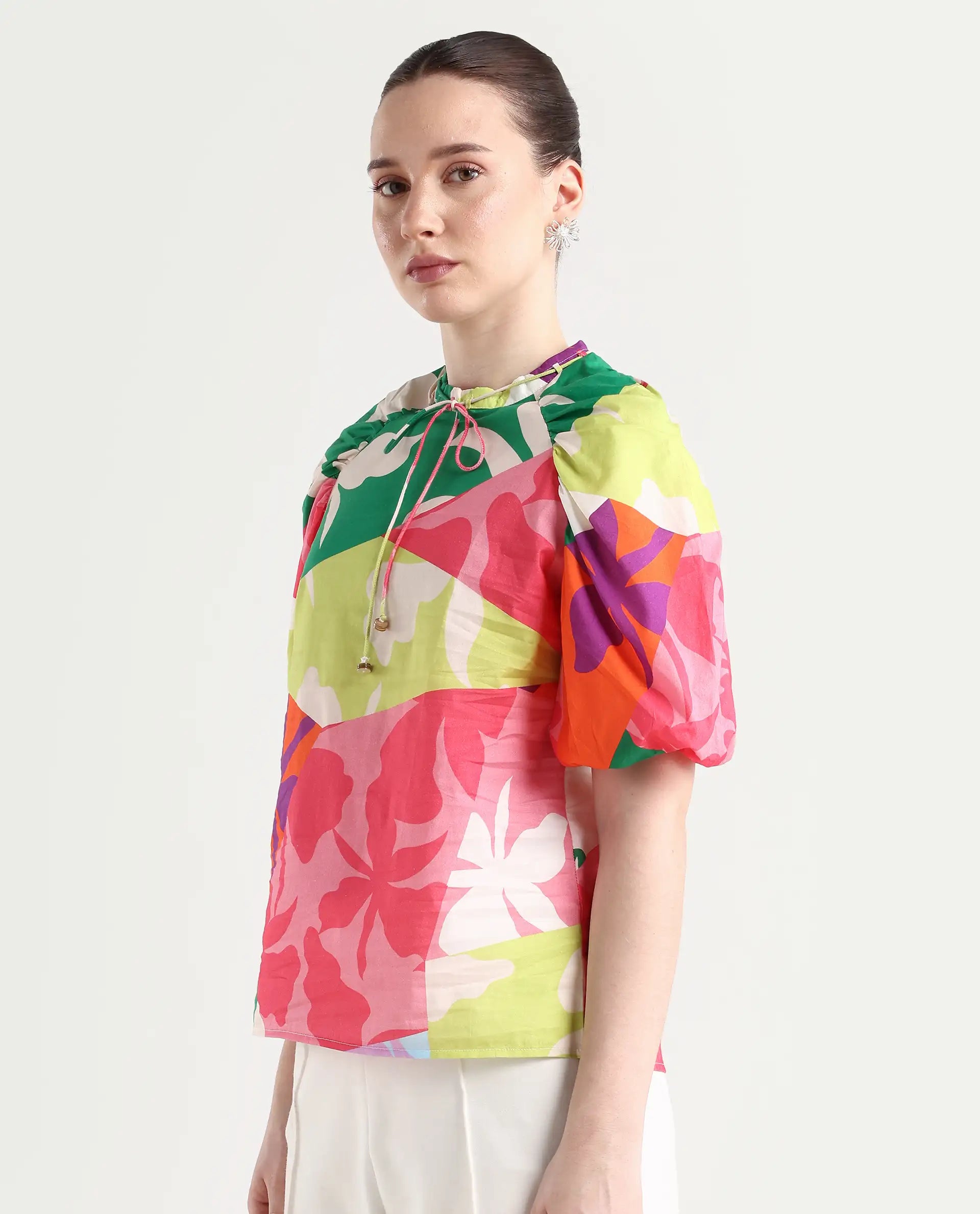 Rareism Women's Aili Multi Cotton Band Collar Floral Print Balloon Sleeve Regular Fit Top