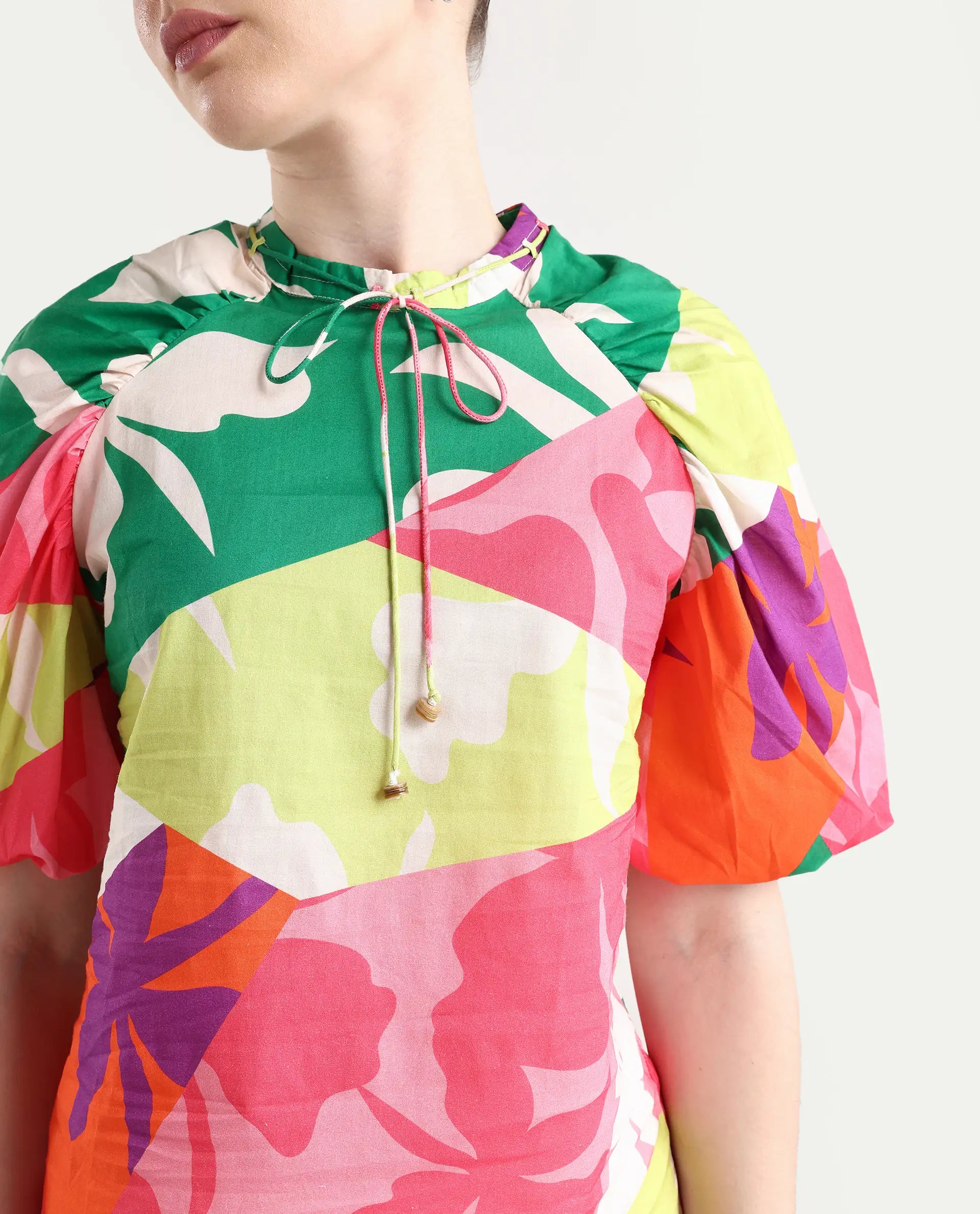 Rareism Women's Aili Multi Cotton Band Collar Floral Print Balloon Sleeve Regular Fit Top