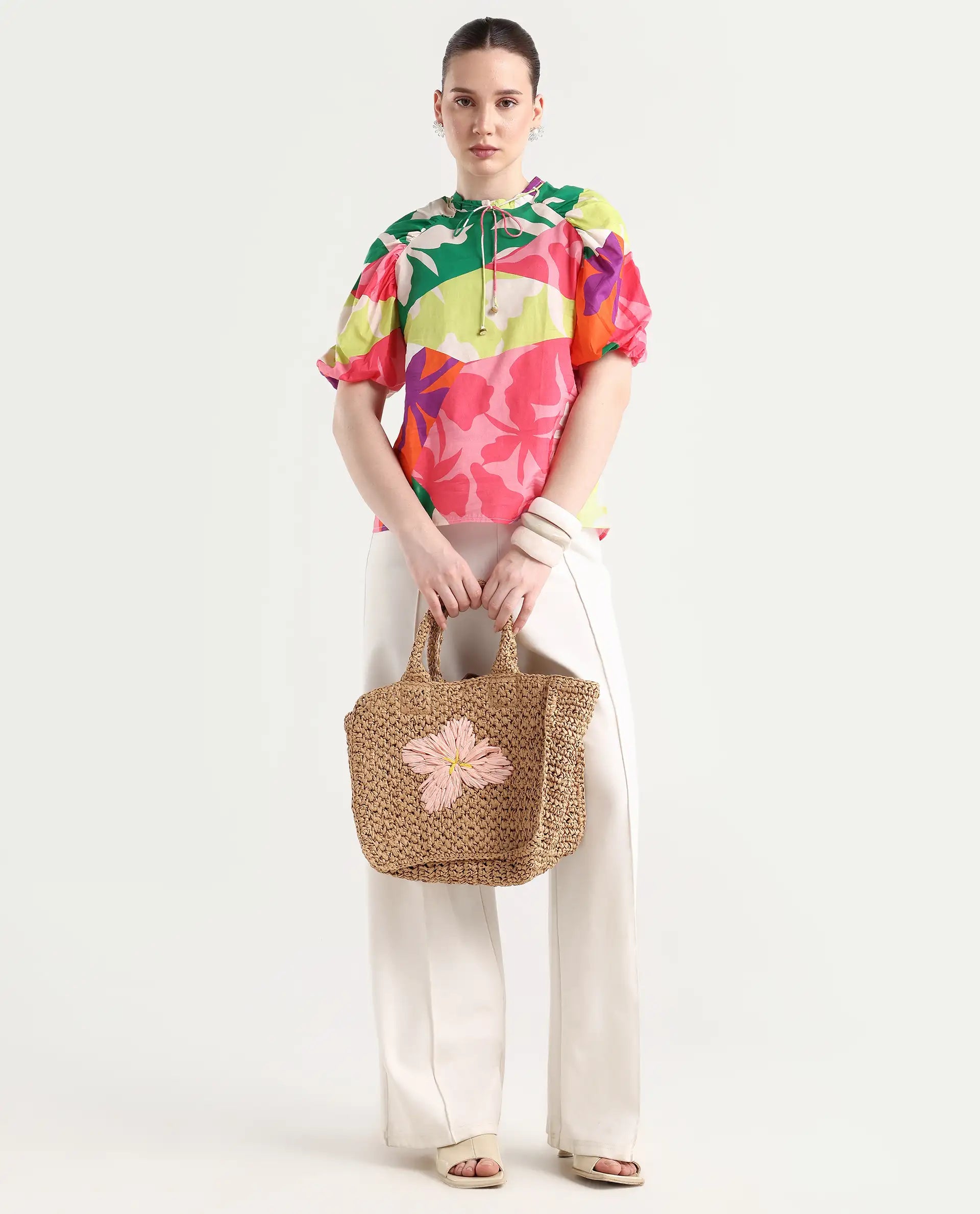 Rareism Women's Aili Multi Cotton Band Collar Floral Print Balloon Sleeve Regular Fit Top