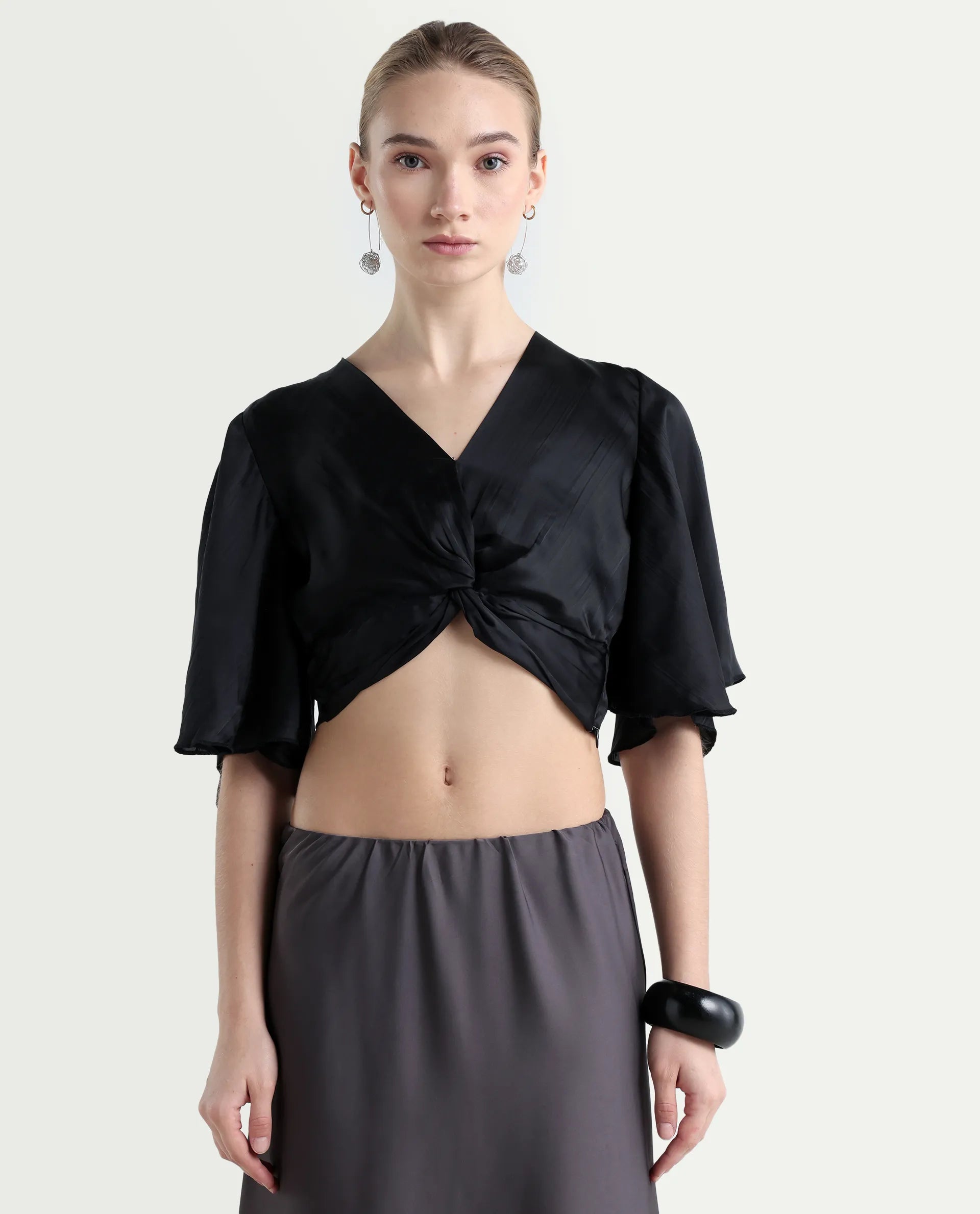 Rareism Women's Ainara Black Polyester V-Neck Plain Flared Sleeve Crop Regular Fit Top