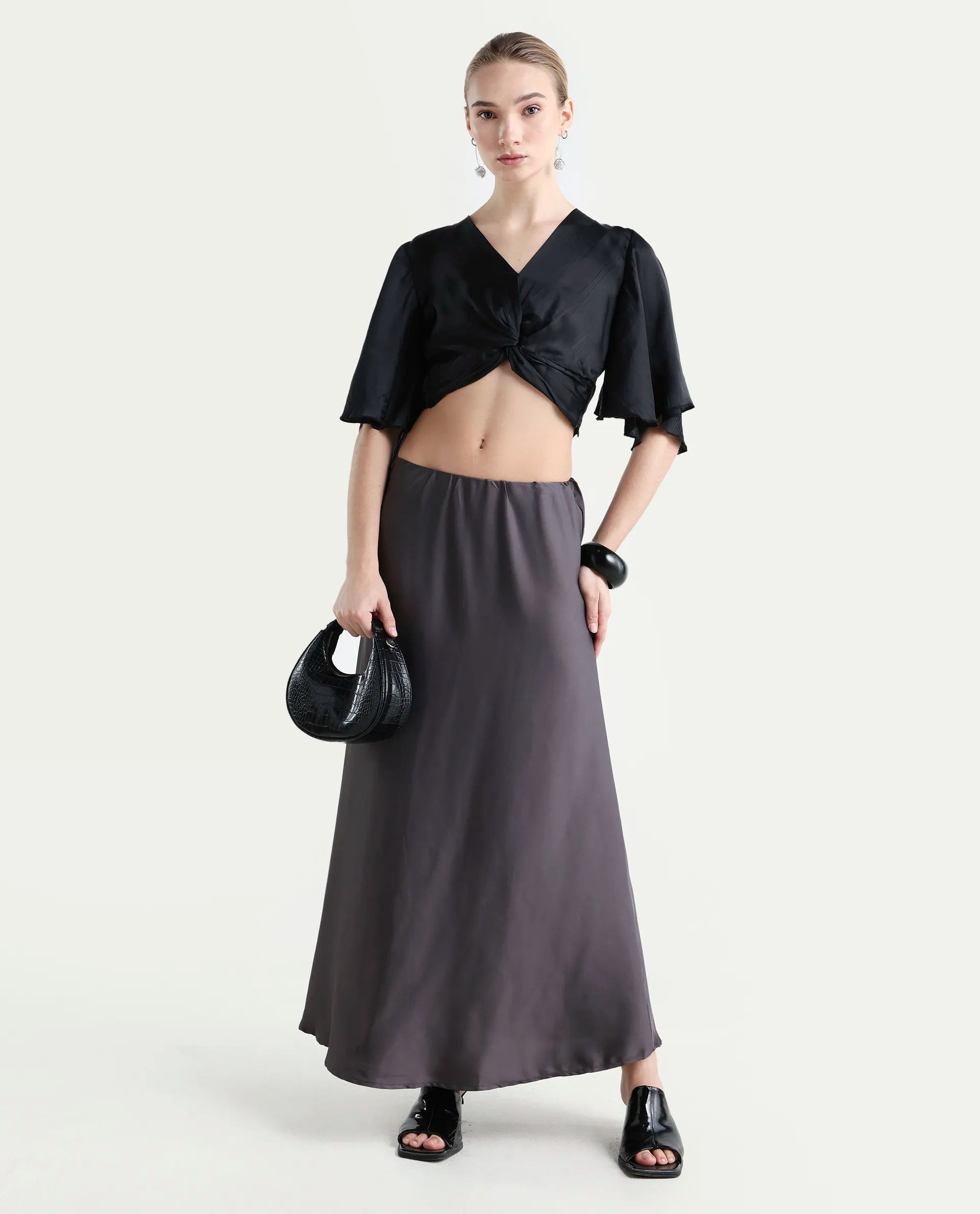 Rareism Women's Ainara Black Polyester V-Neck Plain Flared Sleeve Crop Regular Fit Top