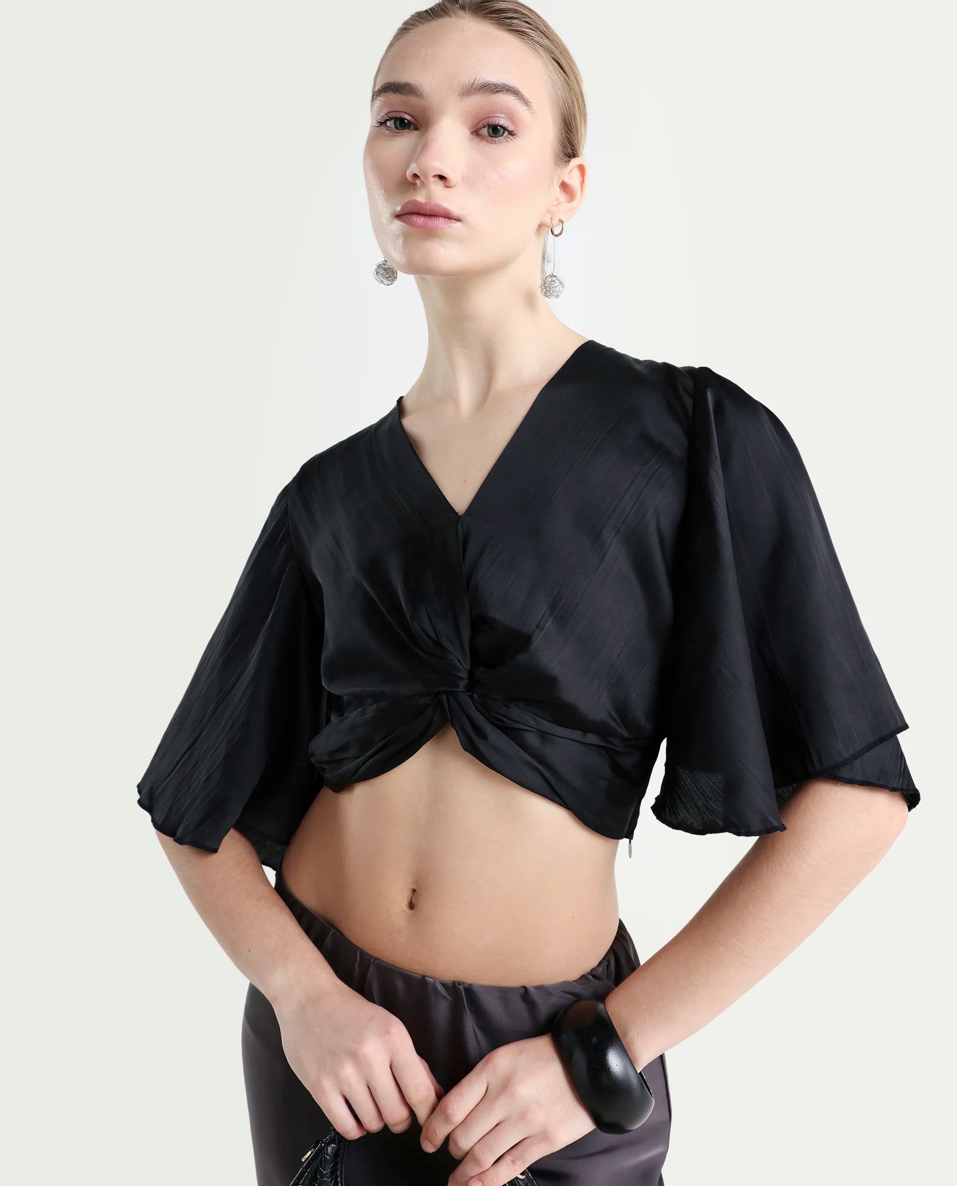 Rareism Women's Ainara Black Polyester V-Neck Plain Flared Sleeve Crop Regular Fit Top