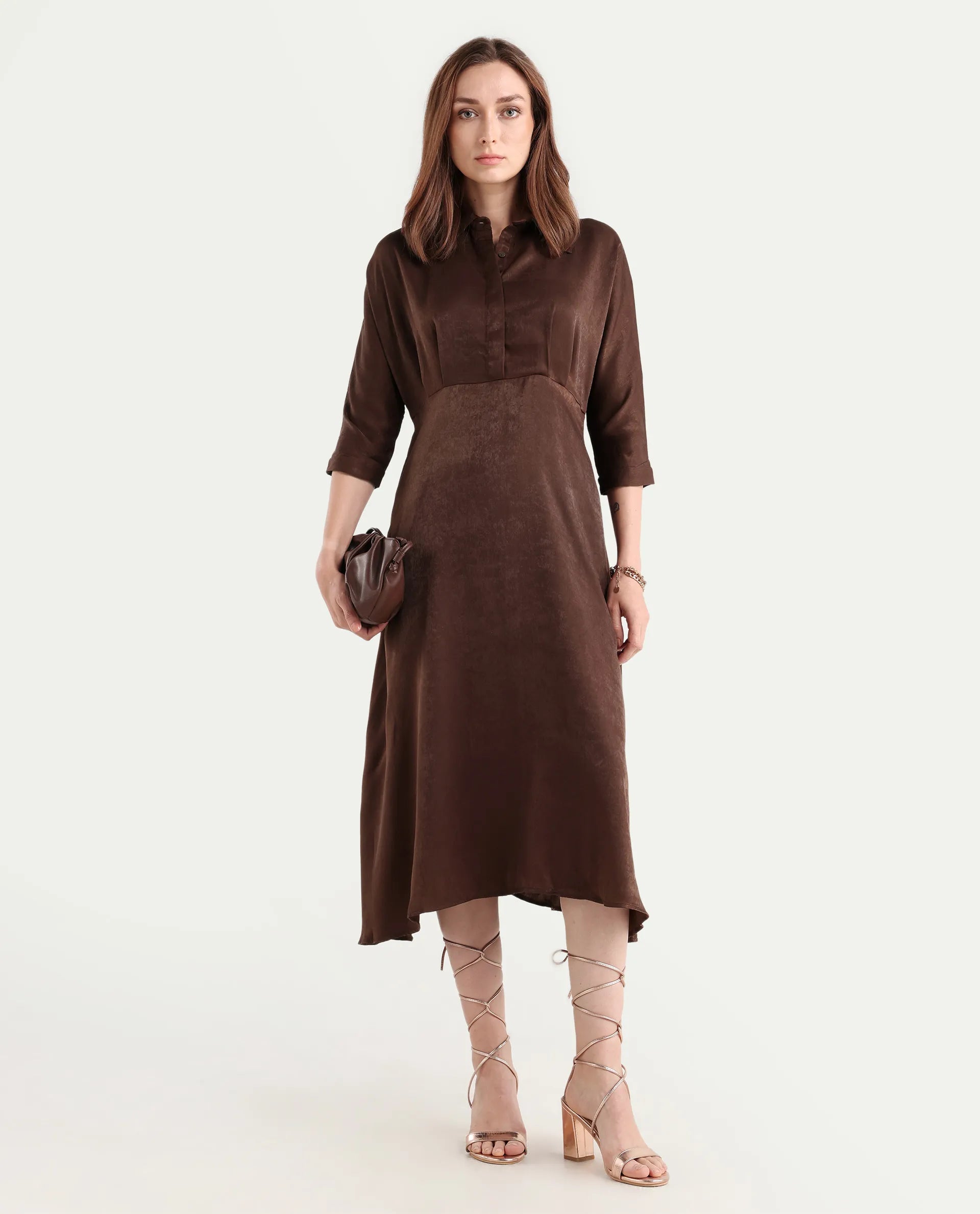 Rareism Women's Airbaz Brown Velvet Drop Collar Plain Kimono Sleeve Midi A-Line Dress