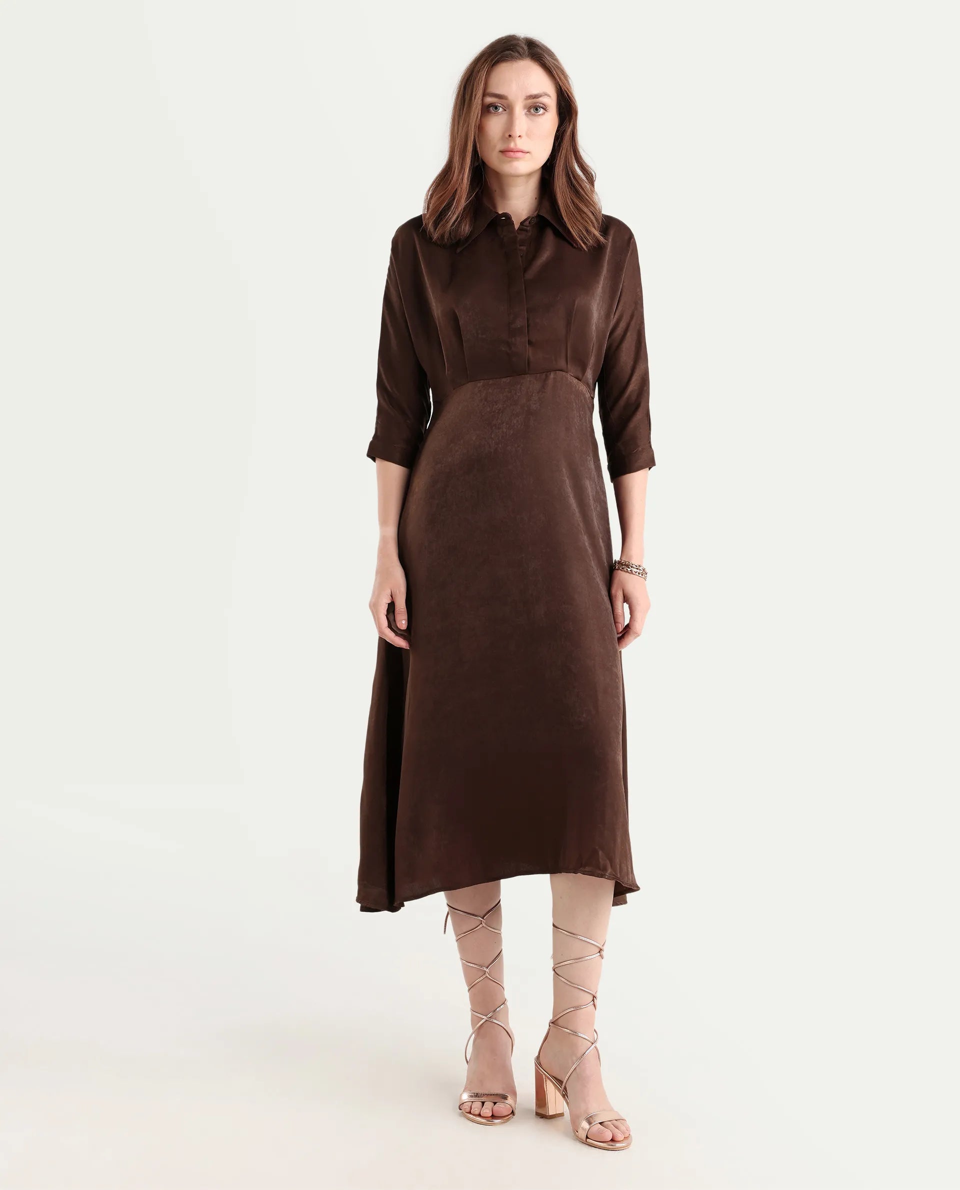Rareism Women's Airbaz Brown Velvet Drop Collar Plain Kimono Sleeve Midi A-Line Dress