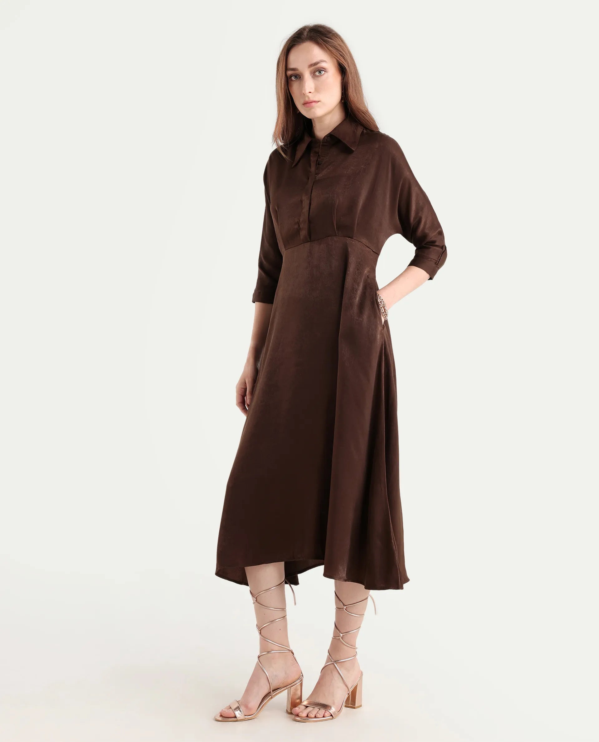 Rareism Women's Airbaz Brown Velvet Drop Collar Plain Kimono Sleeve Midi A-Line Dress