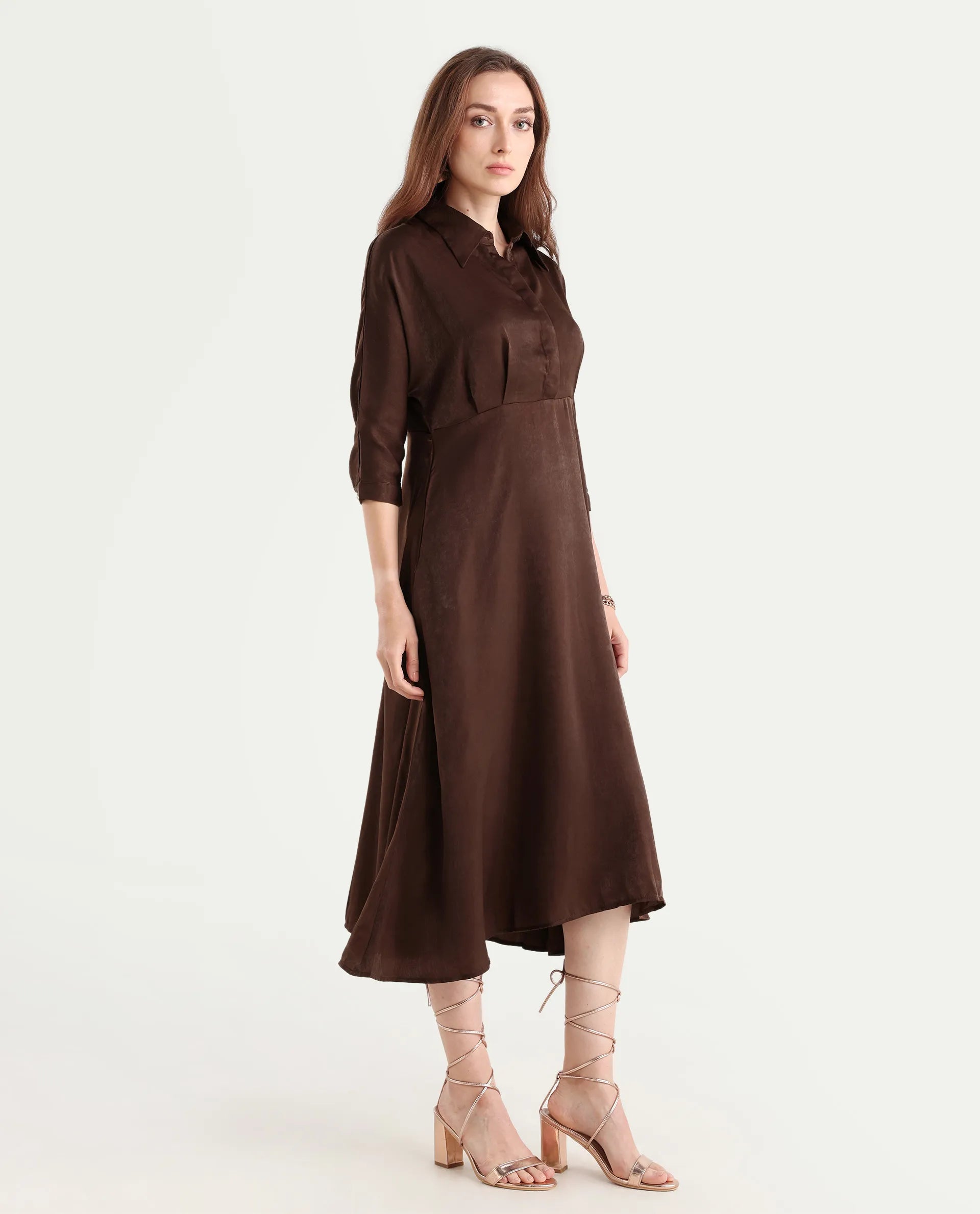 Rareism Women's Airbaz Brown Velvet Drop Collar Plain Kimono Sleeve Midi A-Line Dress