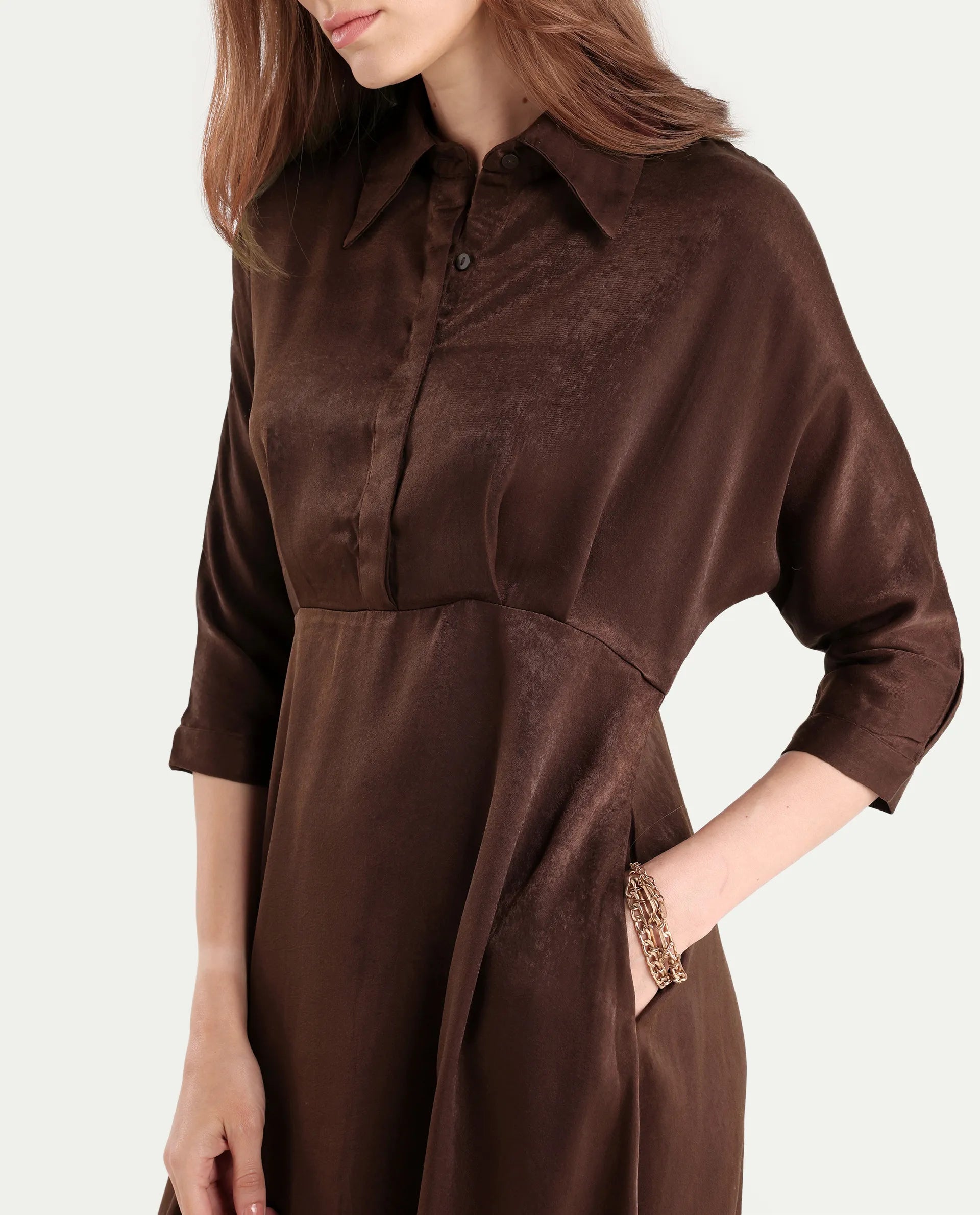 Rareism Women's Airbaz Brown Velvet Drop Collar Plain Kimono Sleeve Midi A-Line Dress