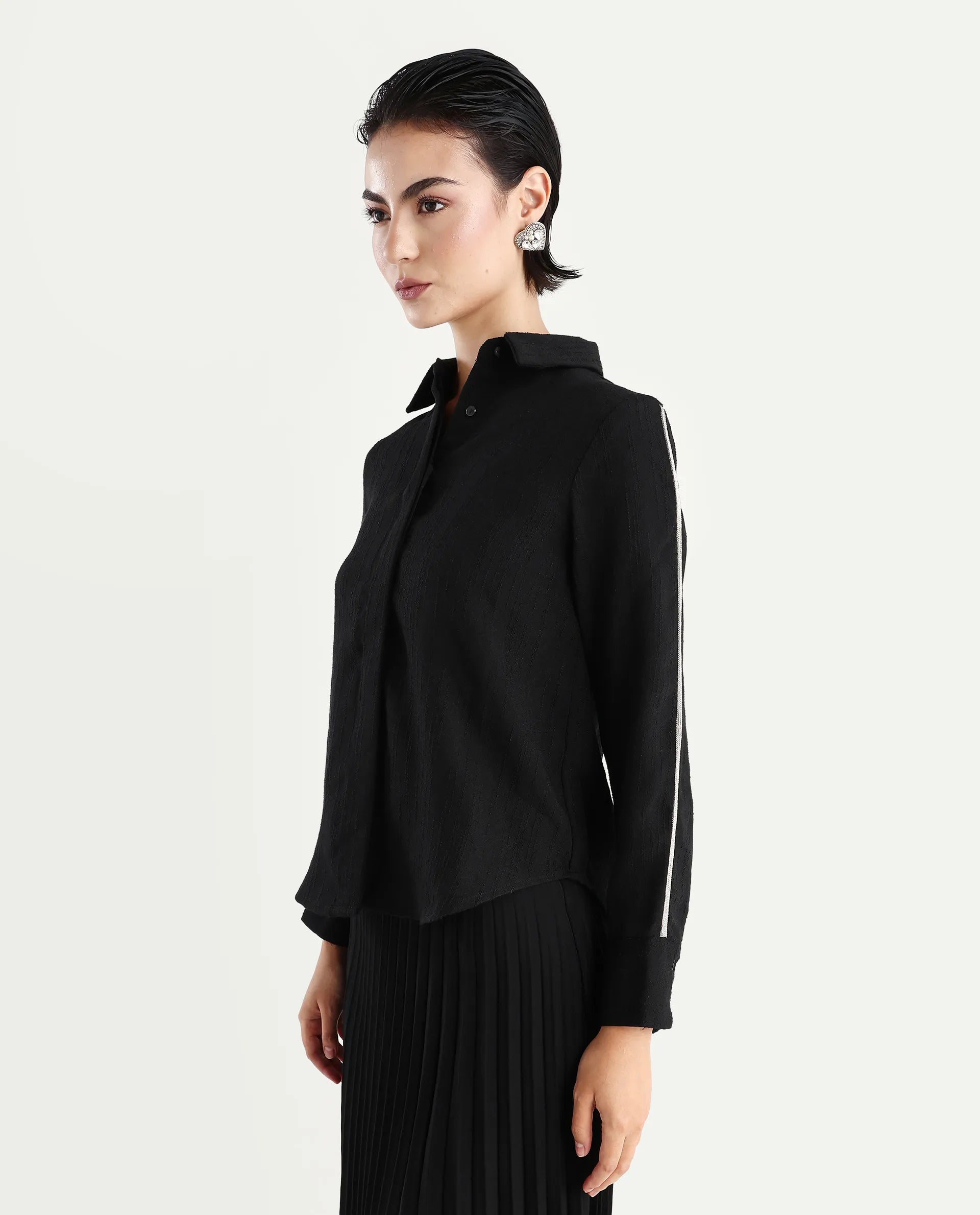 Rareism Women's Aivva Black Satin Drop Collar Dyed Cuffed Sleeve Regular Fit Shirt