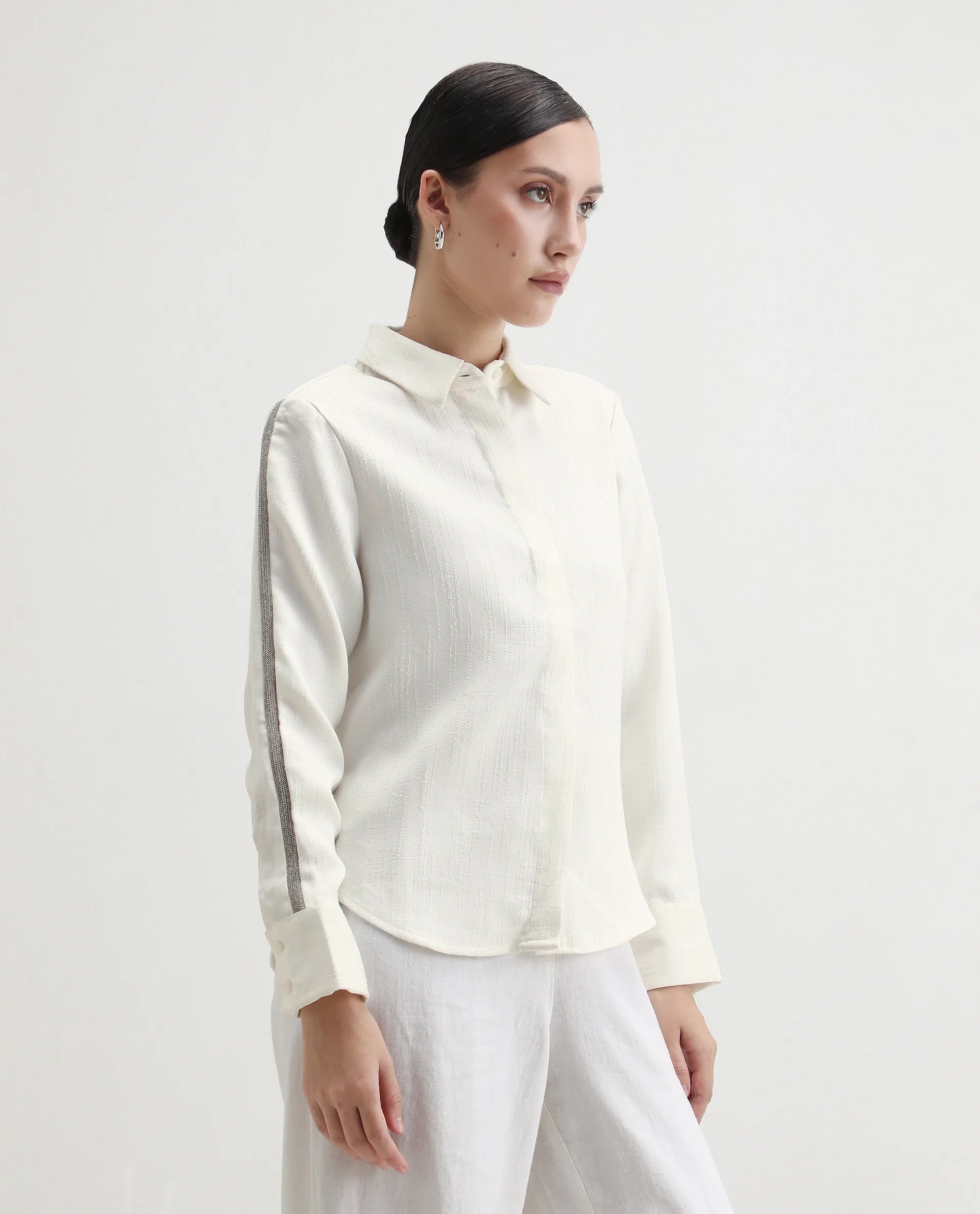 Rareism Women's Aivva White Satin Drop Collar Dyed Cuffed Sleeve Regular Fit Shirt