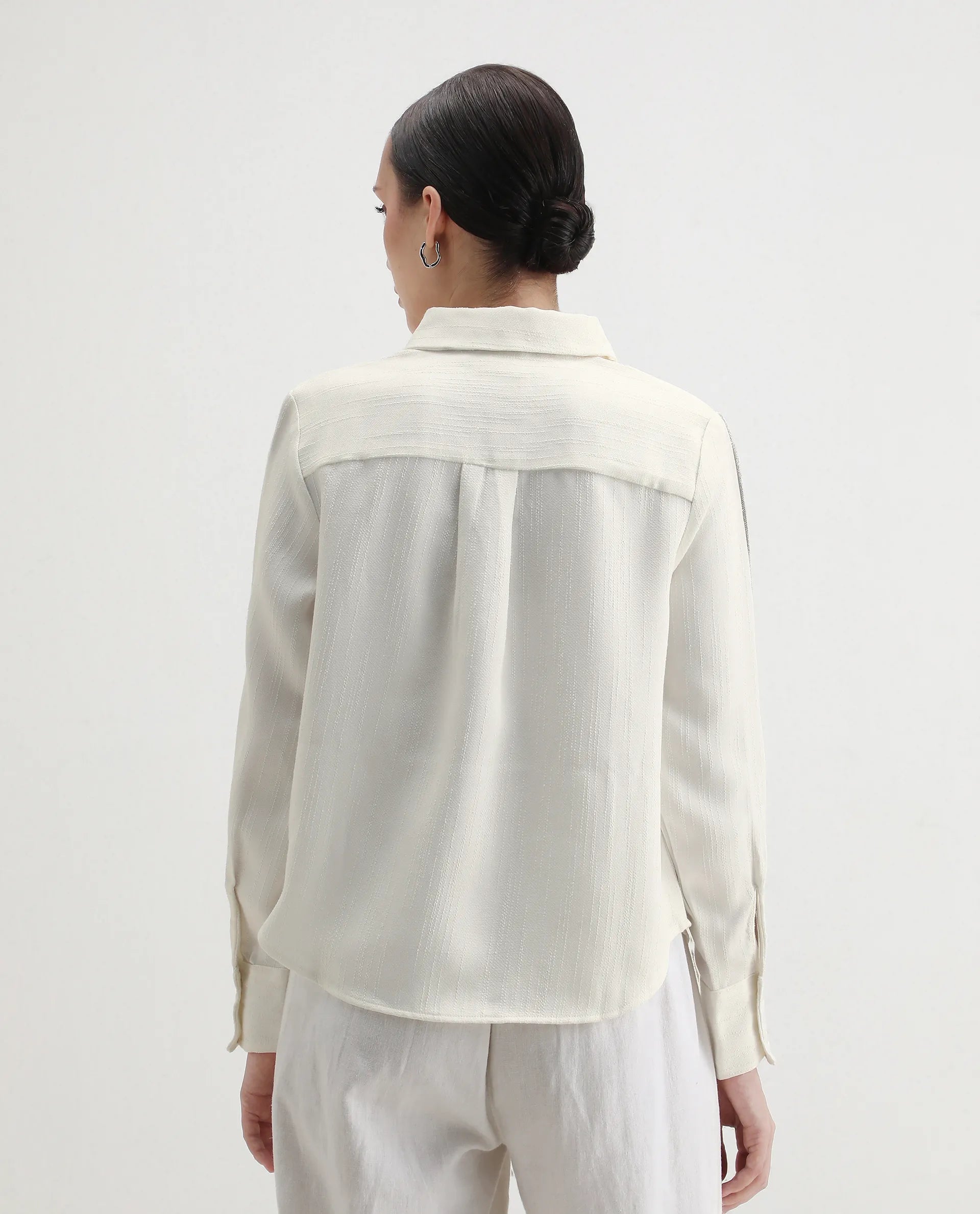 Rareism Women's Aivva White Satin Drop Collar Dyed Cuffed Sleeve Regular Fit Shirt