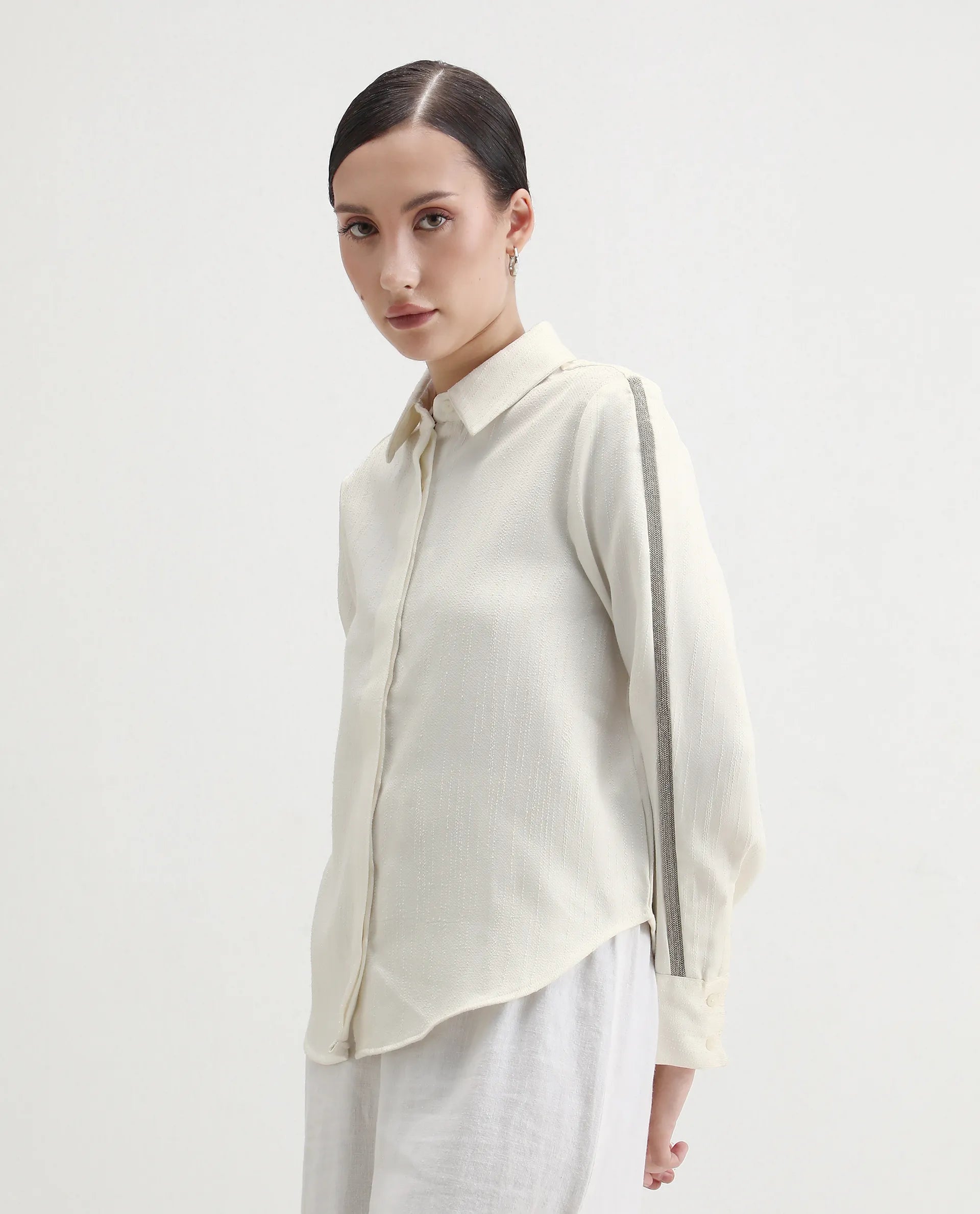 Rareism Women's Aivva White Satin Drop Collar Dyed Cuffed Sleeve Regular Fit Shirt