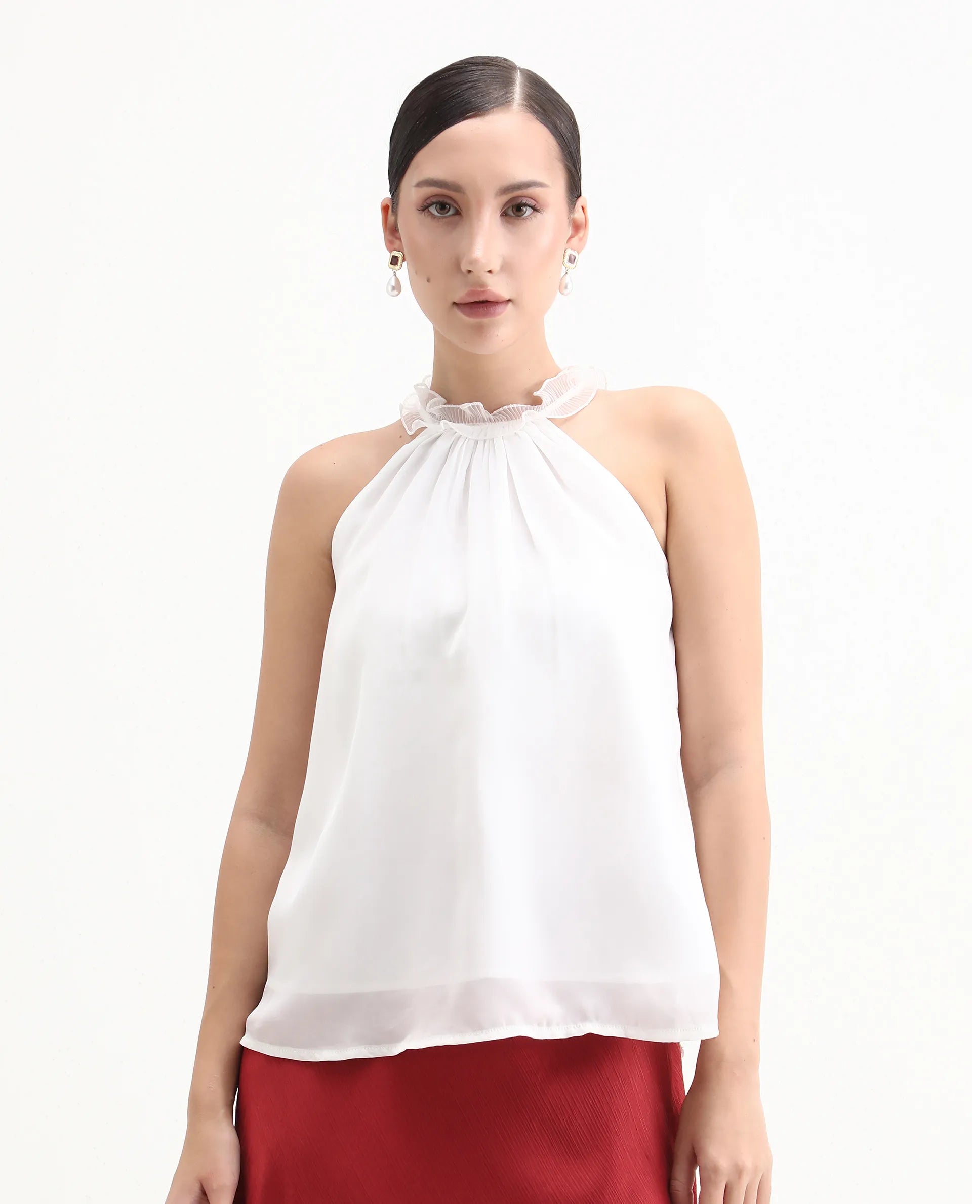 Rareism Women's Akane White Polyester Halter Neck Plain Sleeveless Regular Fit Top