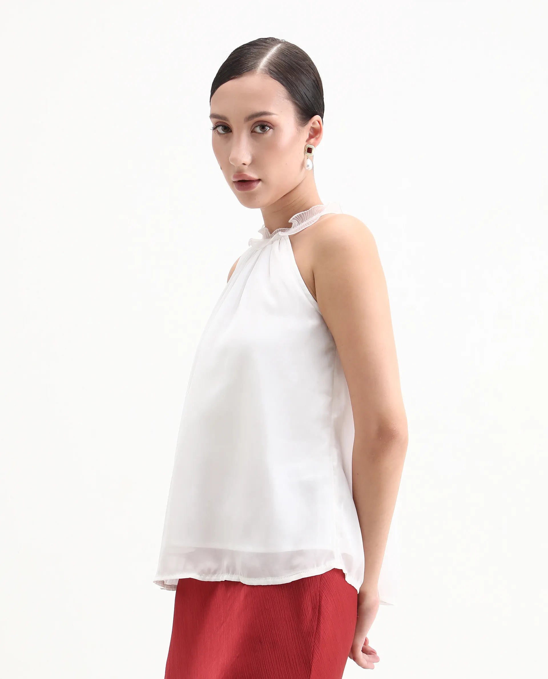 Rareism Women's Akane White Polyester Halter Neck Plain Sleeveless Regular Fit Top