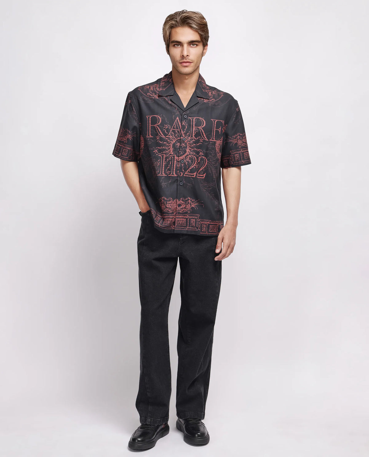 Rare Rabbit Men's Aki Navy Viscose Placement Print Boxy Fit Half Sleeve Cuban Collar Shirt