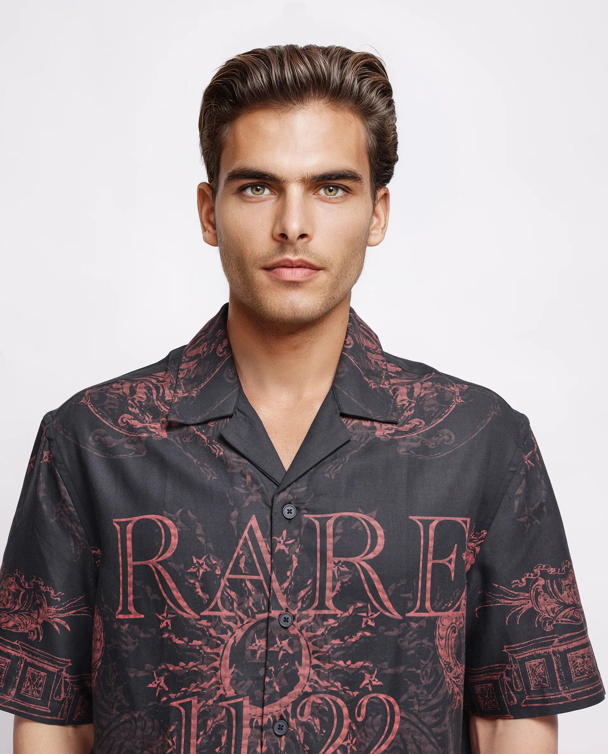 Rare Rabbit Men's Aki Navy Viscose Placement Print Boxy Fit Half Sleeve Cuban Collar Shirt