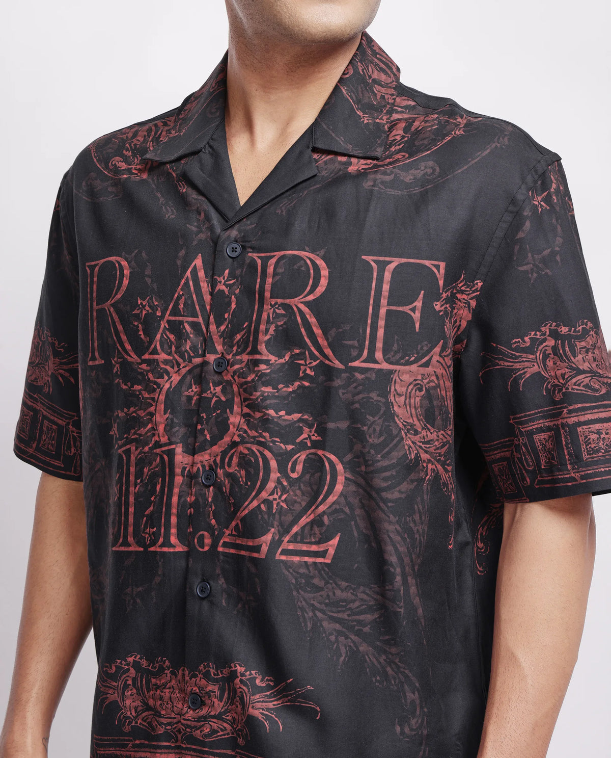 Rare Rabbit Men's Aki Navy Viscose Placement Print Boxy Fit Half Sleeve Cuban Collar Shirt