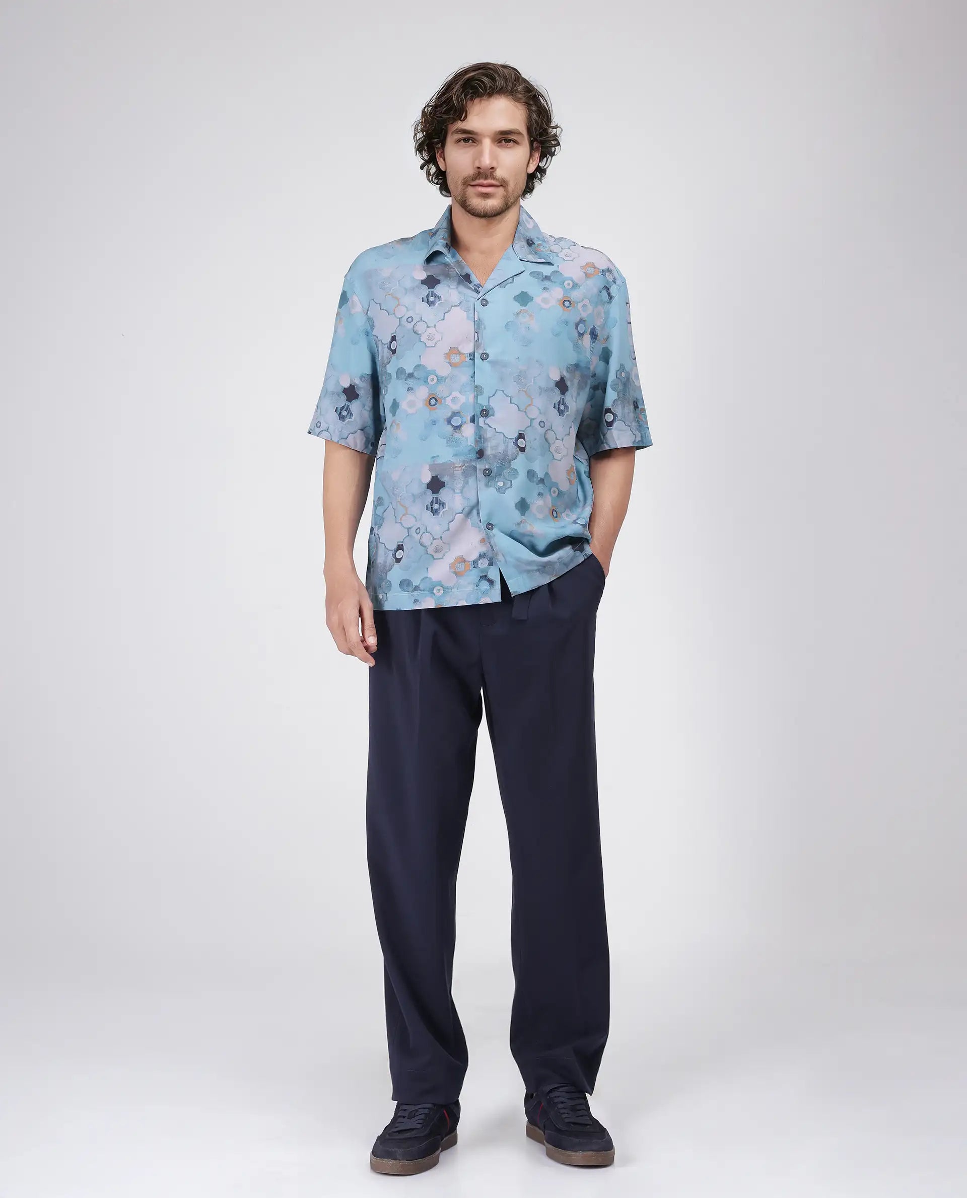 Rare Rabbit Men's Akio Blue Viscose Fabric Half Sleeve Cuban Collar Oversized Fit Abstract Print Shirt